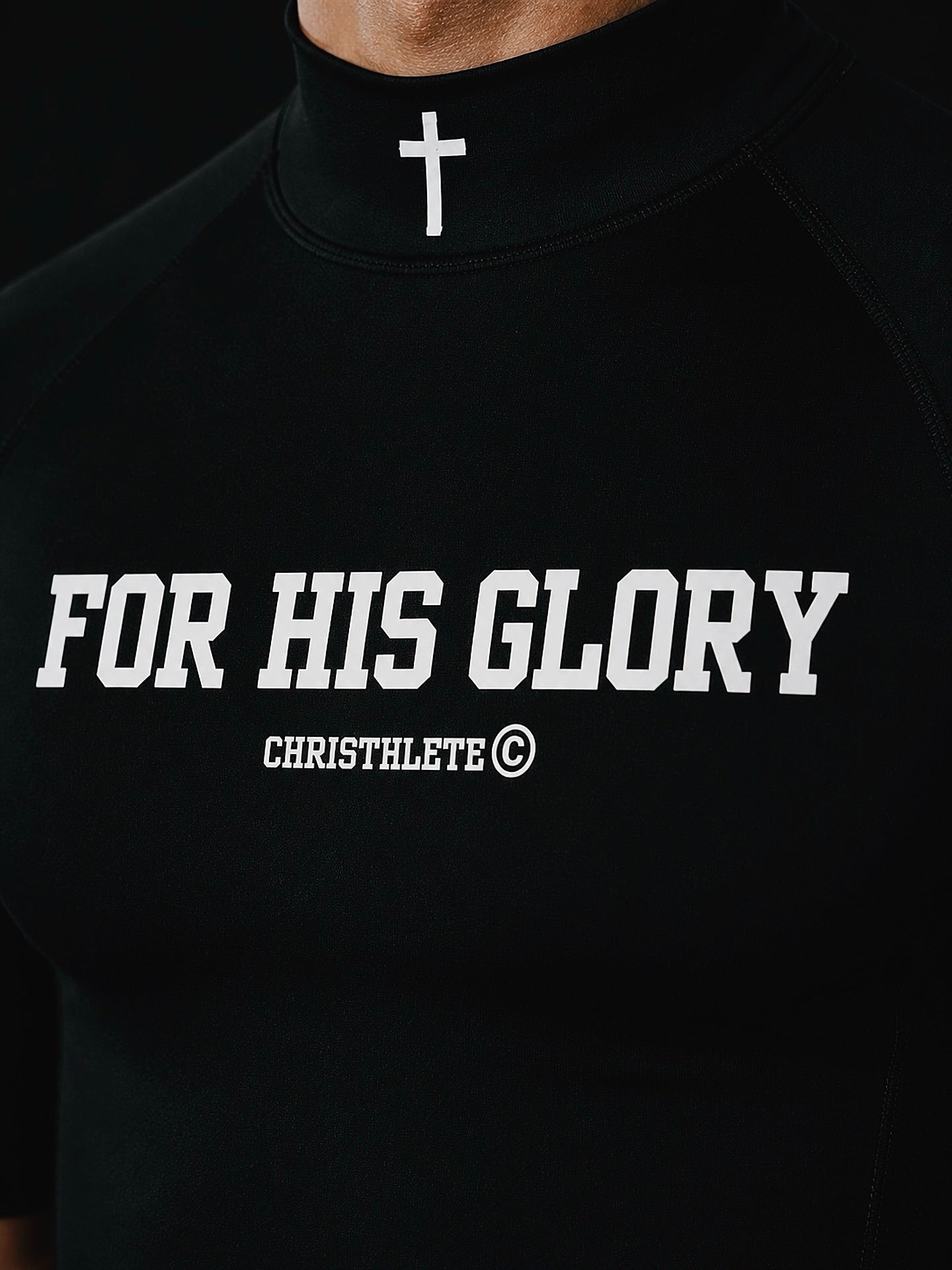 Image of Black t-shirt with 'FOR HIS GLORY' and 'CHRISTHLETE' text, worn by a person.