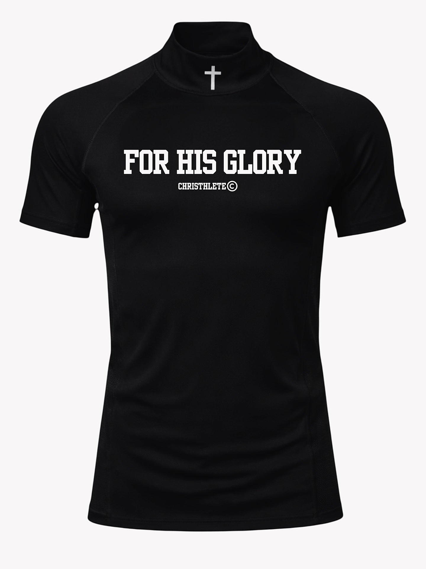 Image of Black t-shirt with 'FOR HIS GLORY' text and cross on a white background