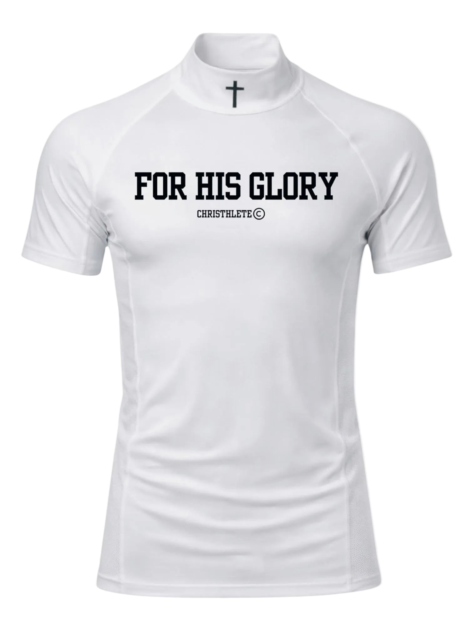 Image of White athletic shirt with 'For His Glory' text and cross on a white background