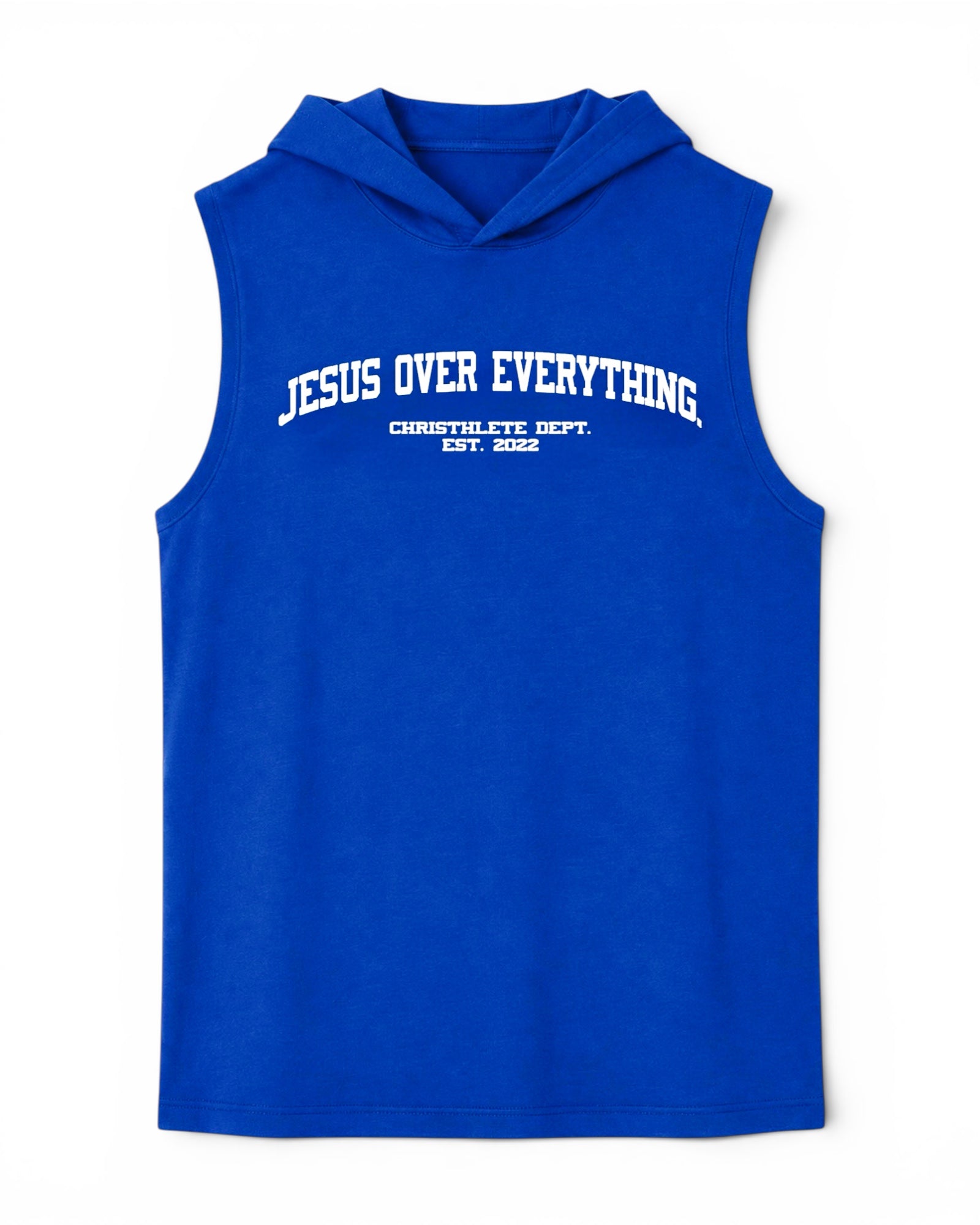 Image of Blue sleeveless hoodie with 'Jesus Over Everything' text on a white background