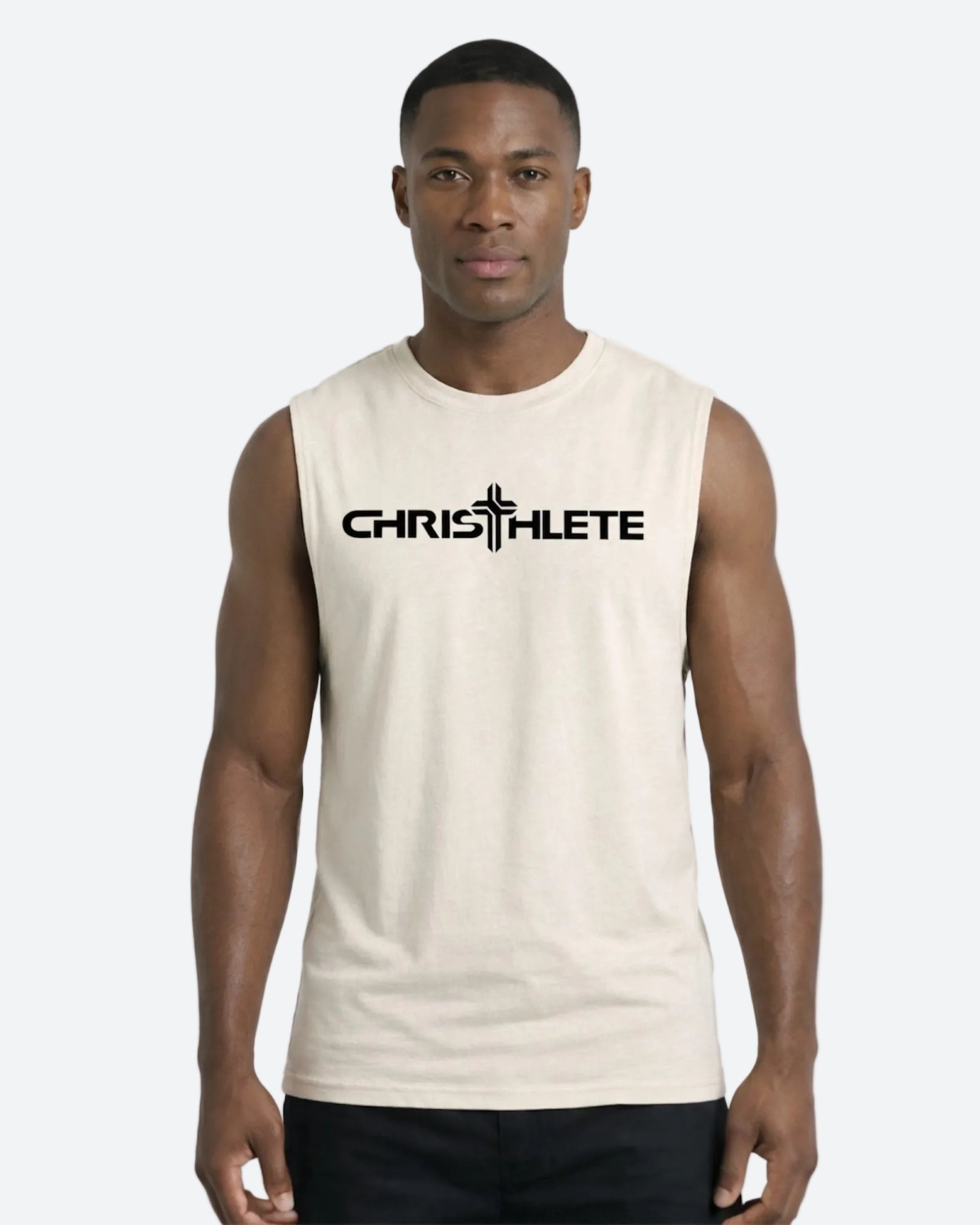 Image of Man wearing a beige sleeveless shirt with 'CHRISTHLETE' logo on a white background