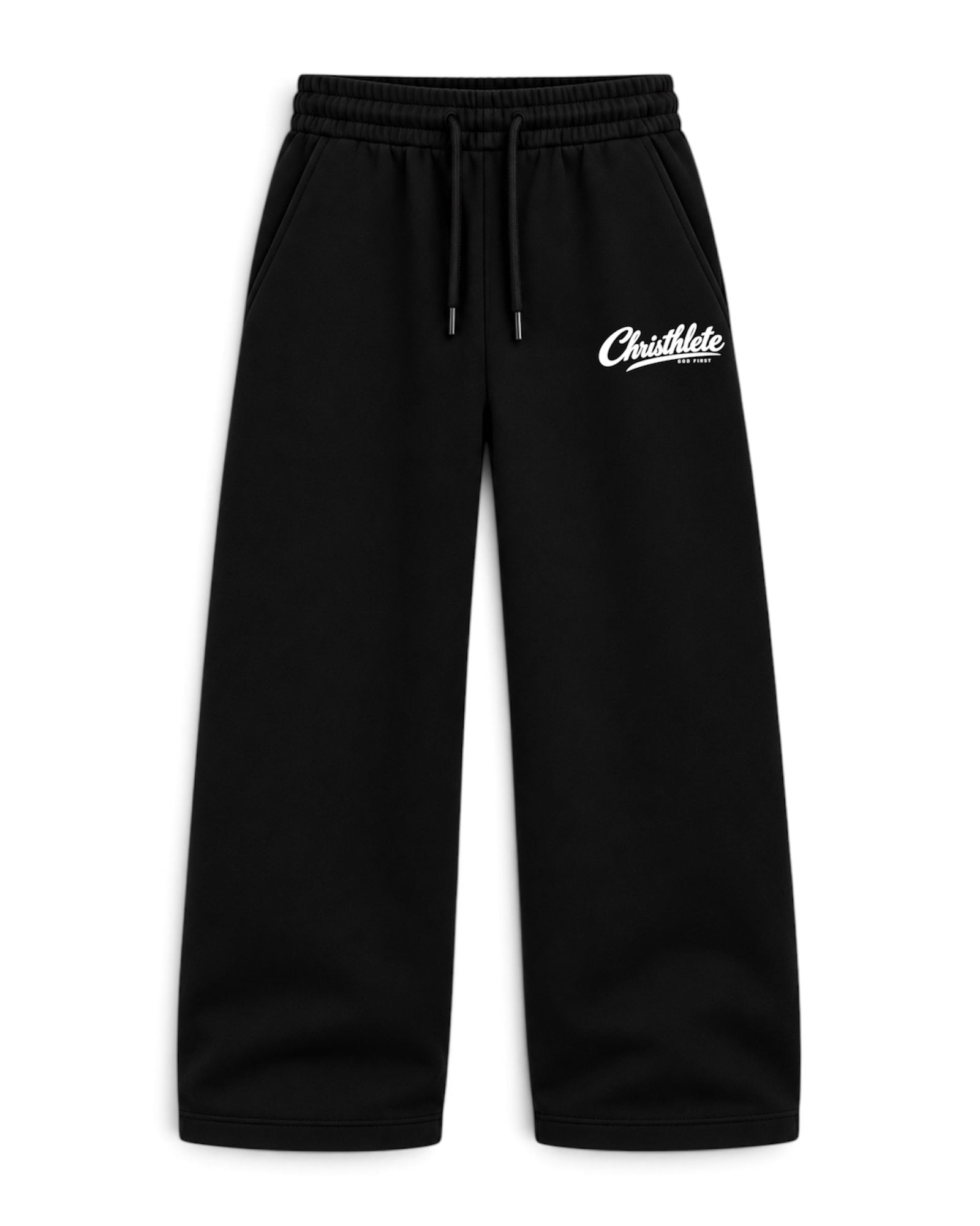Image of Black sweatpants with a white 'Christhlete God First' logo on the left thigh, featuring an elastic waistband with a black drawstring, shown against a plain white background.