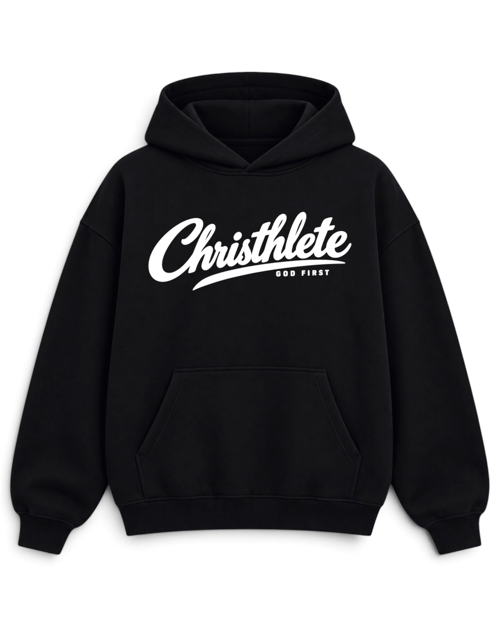Image of A black pullover hoodie with a white graphic print on the chest reading 'Christhlete GOD FIRST' in a stylized script and block font, shown against a plain white background.