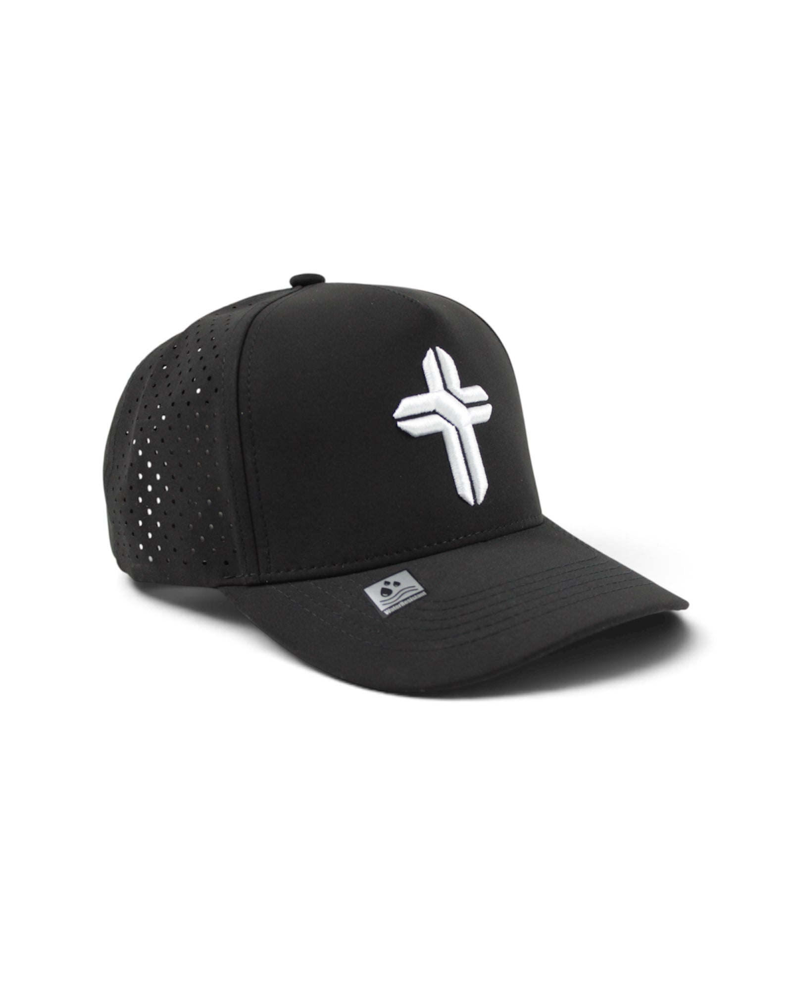 Image of A black trucker-style baseball cap with a white embroidered Christian cross on the front and a small white logo patch on the brim, shown against a plain white background.
