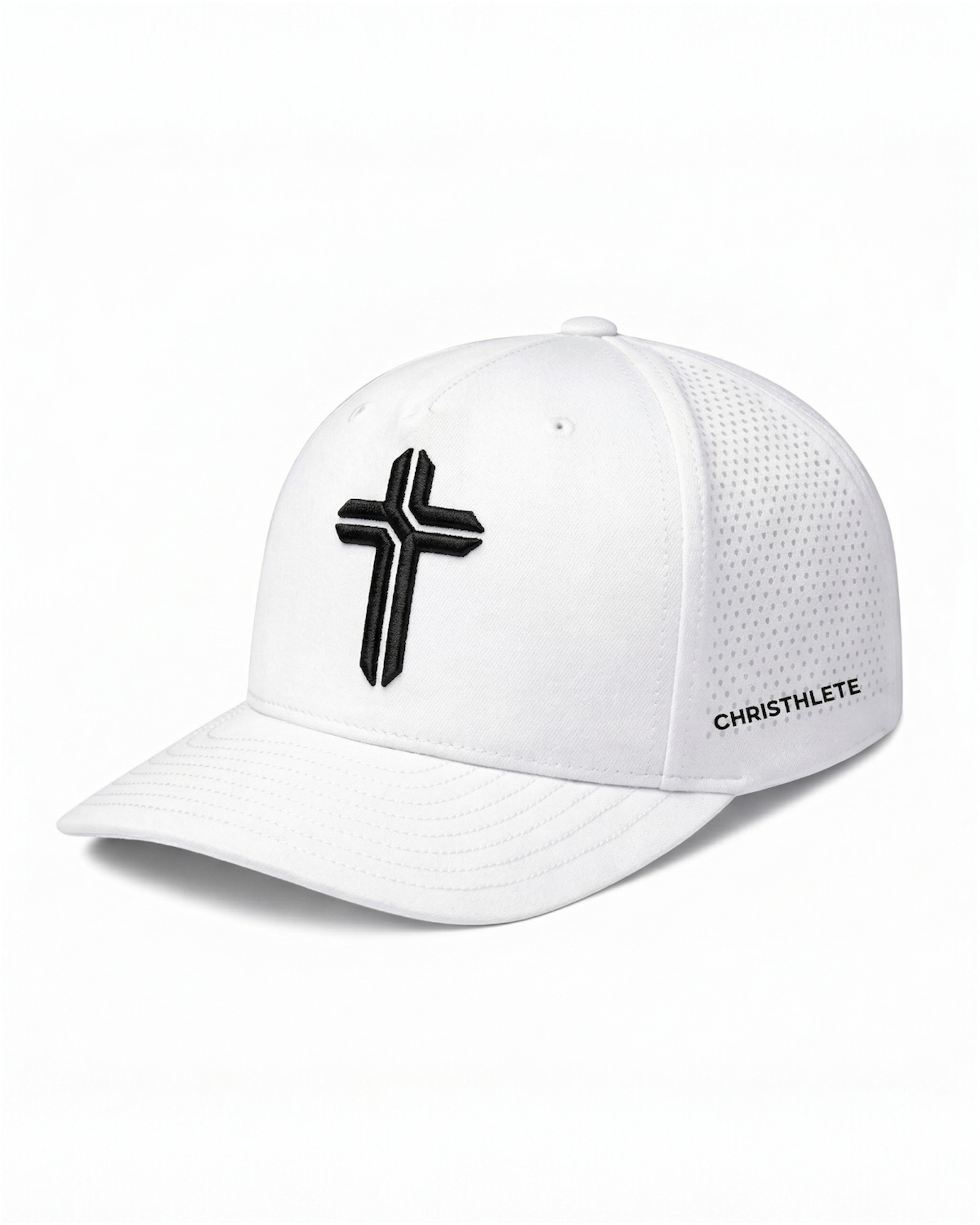 Image of A white baseball cap with a black embroidered cross on the front and 'CHRISTHLETE' printed in black on the side, shown on a clean white background.