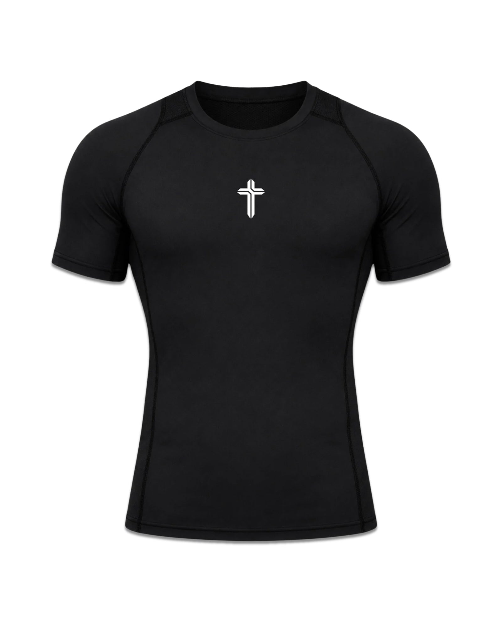 Image of A black short-sleeve athletic compression shirt with a small white cross logo on the center chest, displayed on a clean white background.