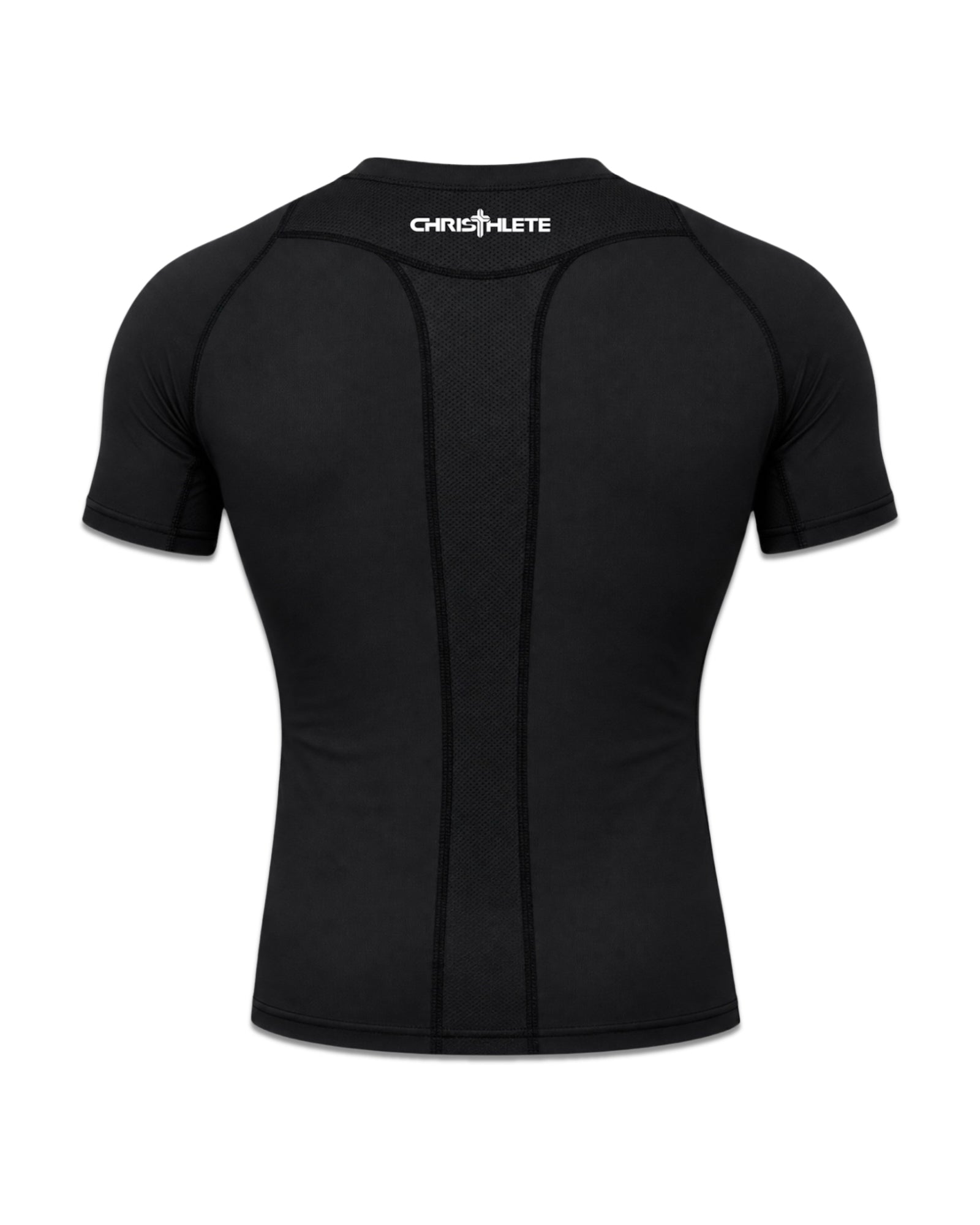Image of A black short-sleeve athletic compression shirt with a white 'CHRISTHLETE' logo printed on the inside back collar, shown on a plain white background.