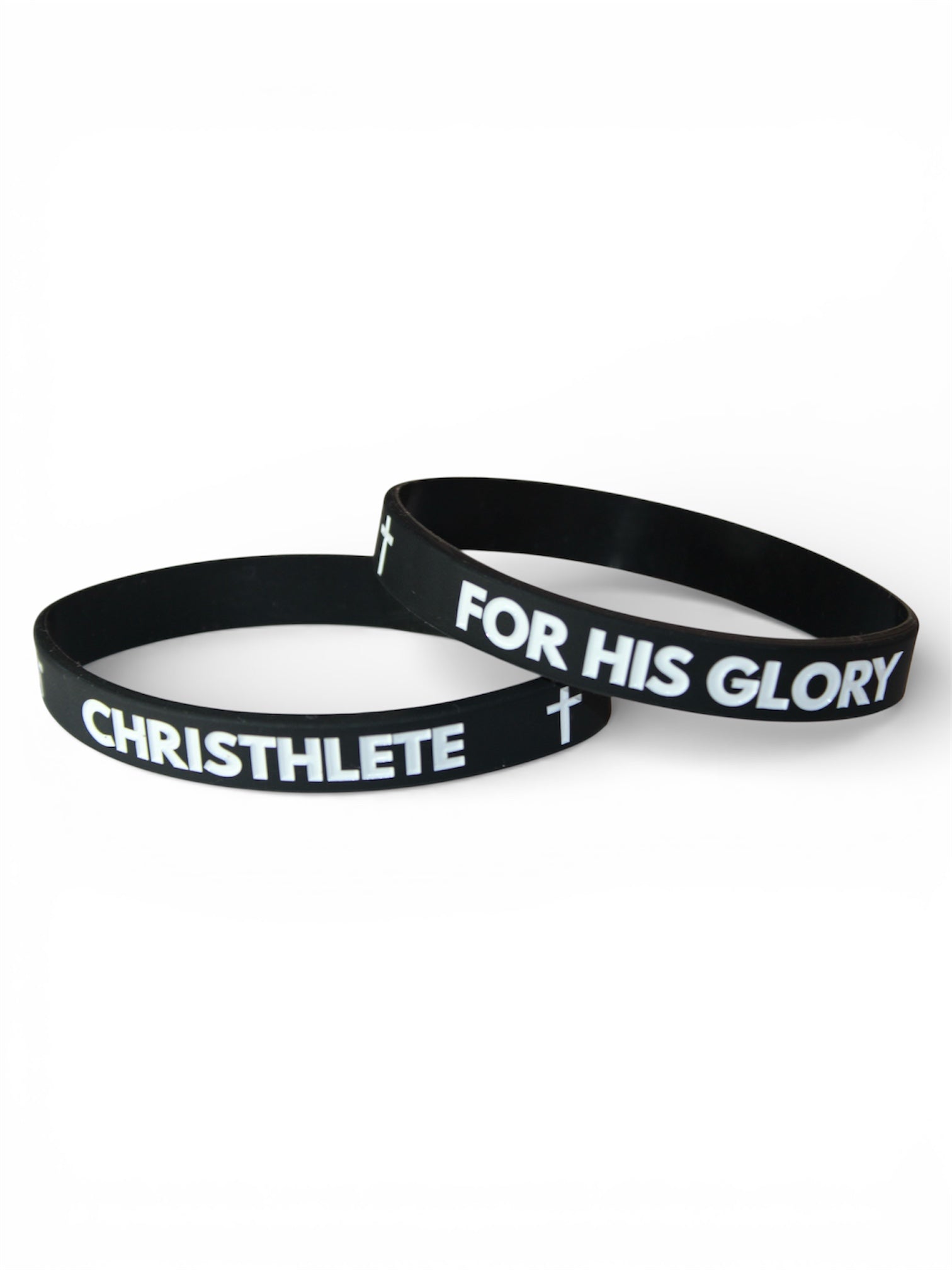 Image of Two black wristbands with 'Christhlete' and 'For His Glory' text on a white background