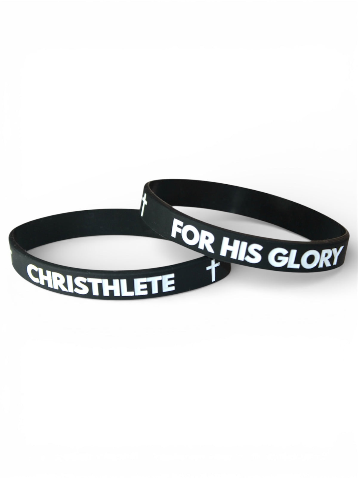 Two black wristbands with 'Christhlete' and 'For His Glory' text on a white background