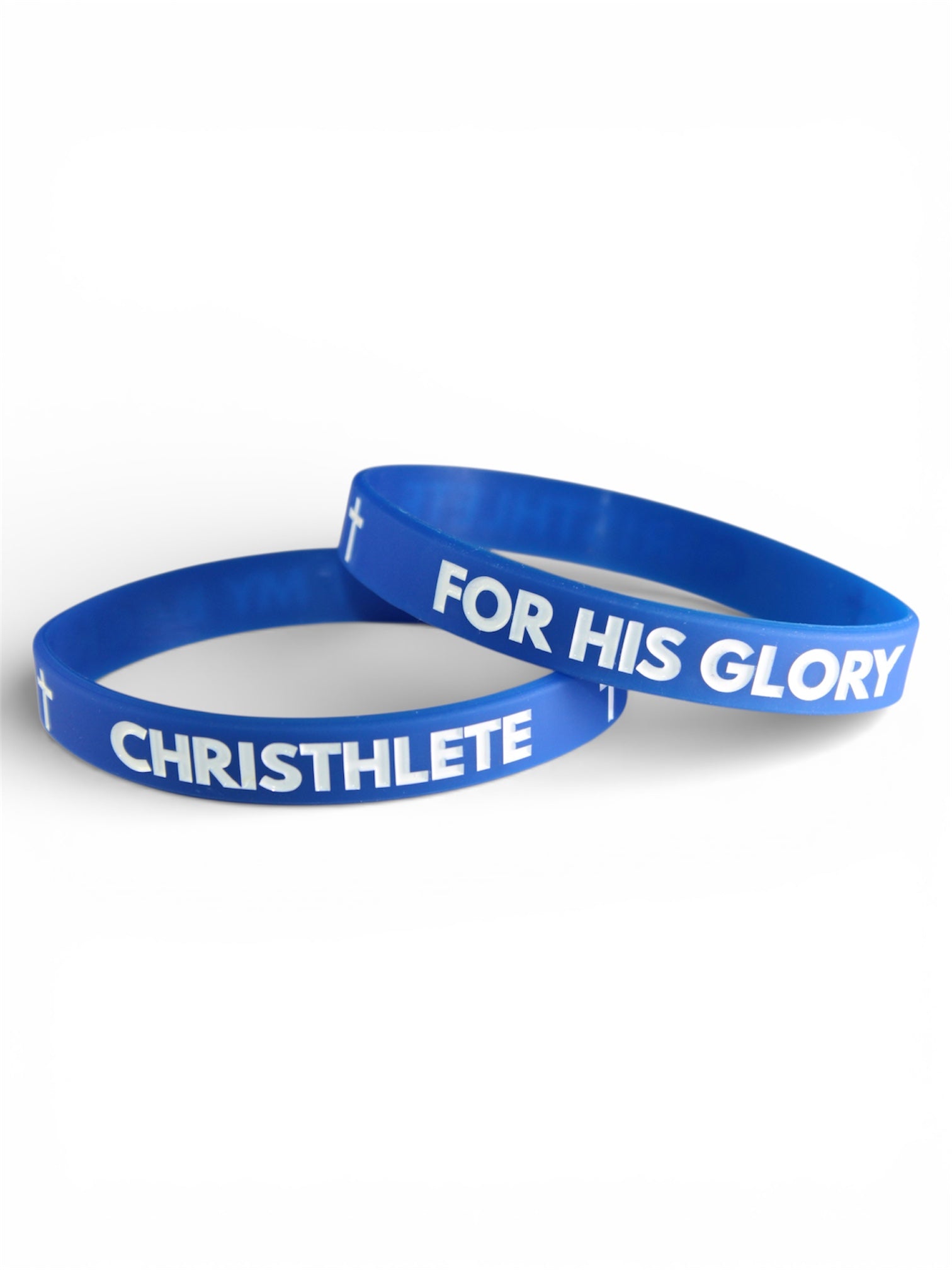Image of Two blue wristbands with 'CHRISTHLETE' and 'FOR HIS GLORY' text on a white background