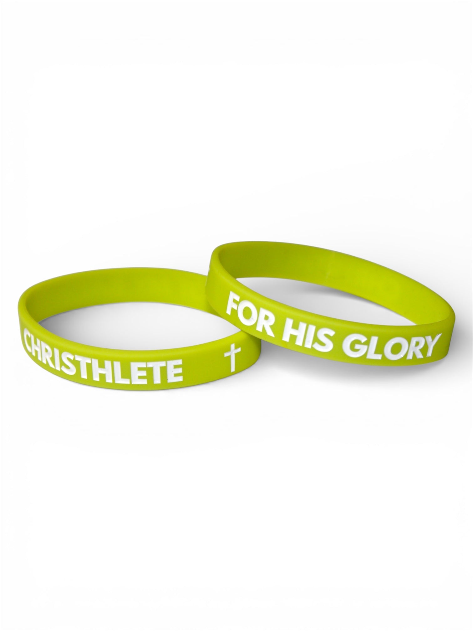 Image of Two green wristbands with 'CHRISTHLETE' and 'FOR HIS GLORY' text on a white background