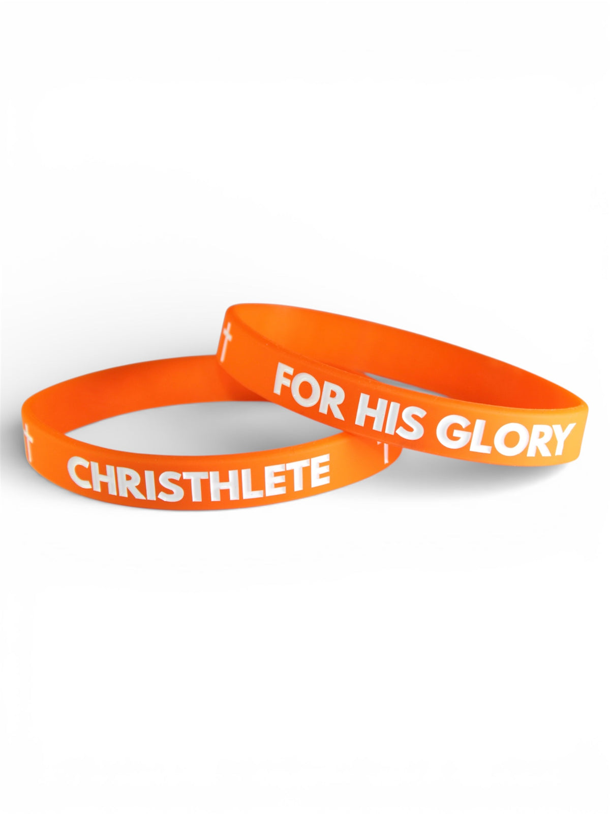 Two orange wristbands with 'CHRISTHLETE' and 'FOR HIS GLORY' text on a white background