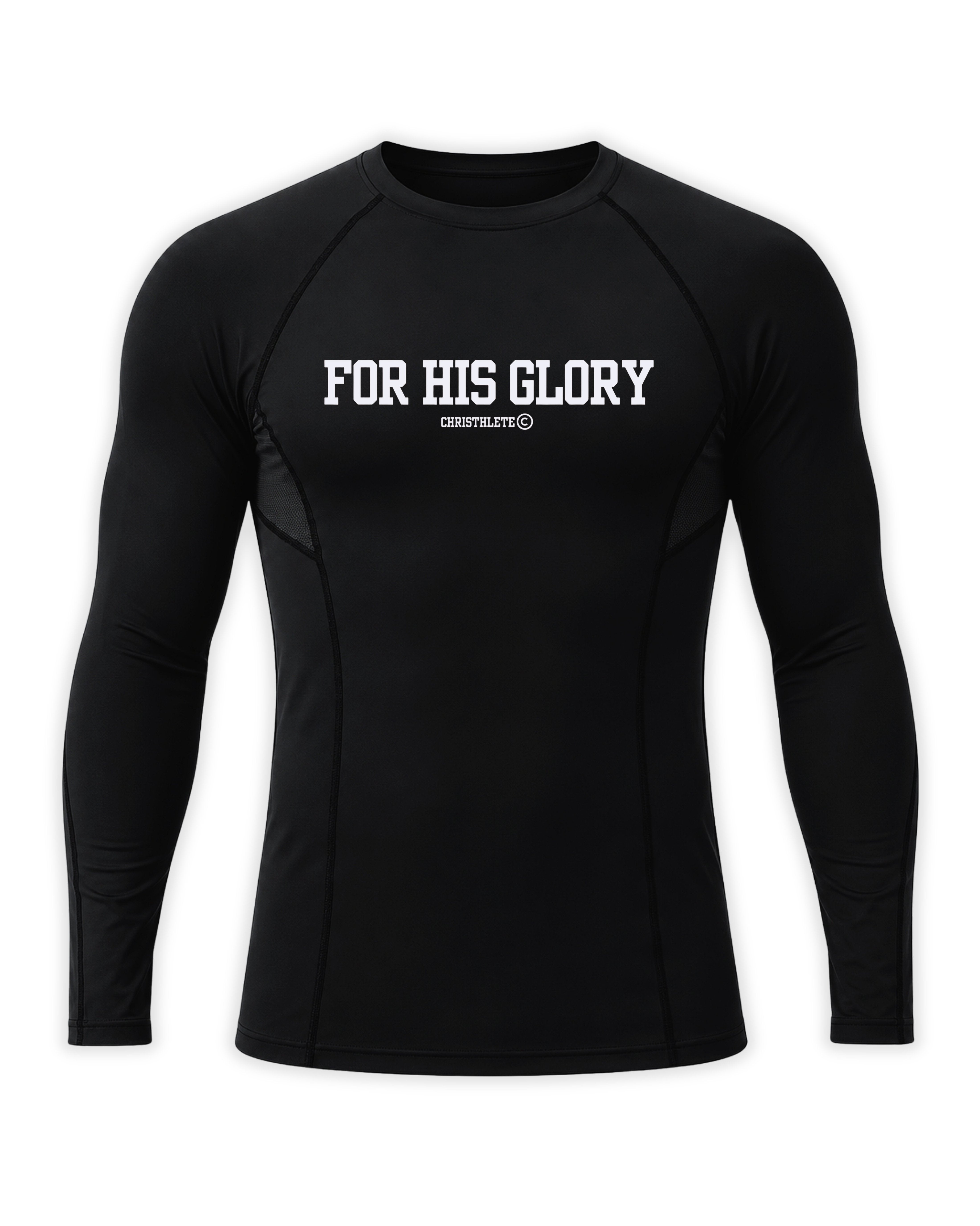 Image of A black long-sleeve compression shirt with 'FOR HIS GLORY' printed in white across the chest and branded 'CHRISTHLETE' underneath it, displayed on a clean white background.
