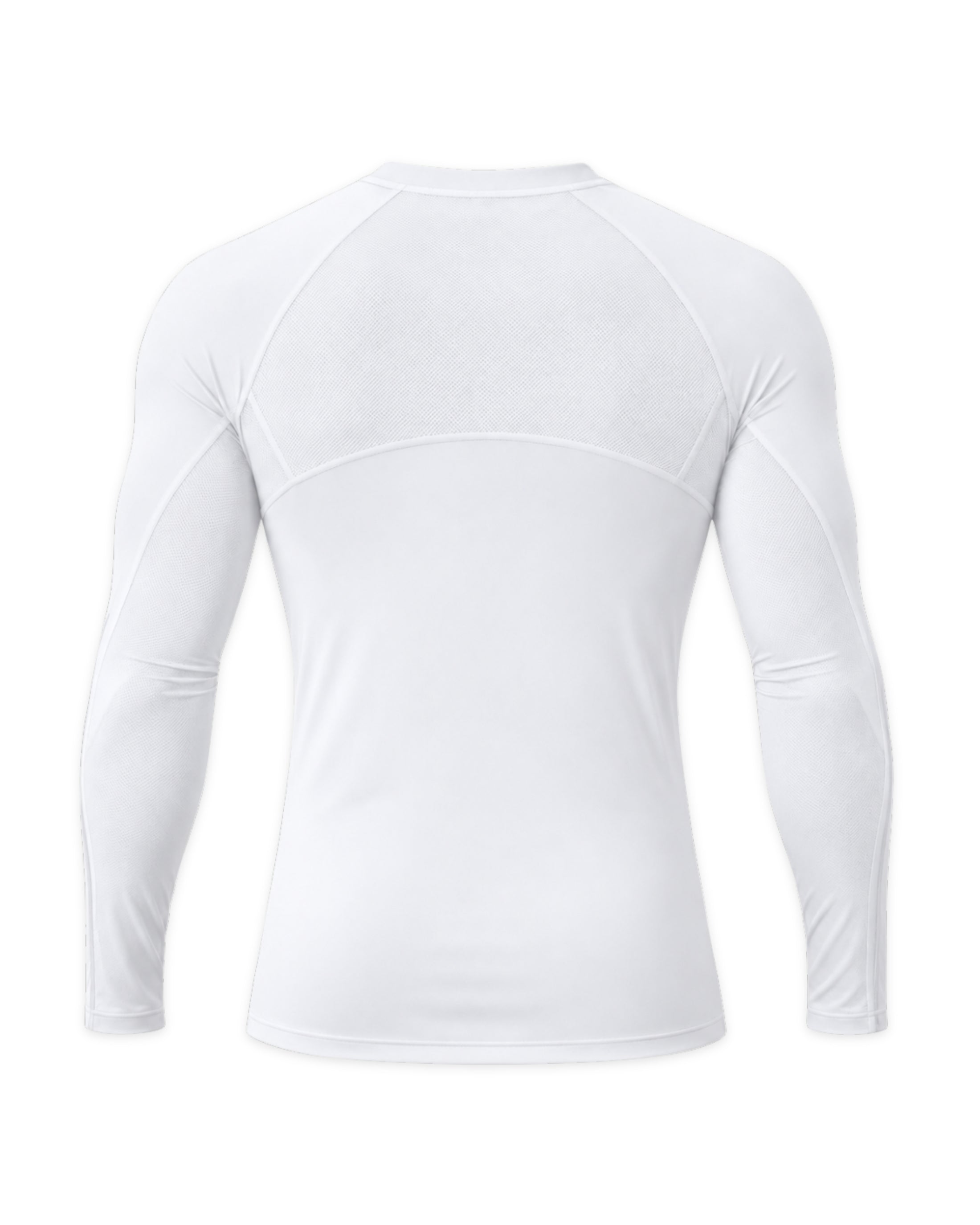 Image of A white long-sleeve athletic compression shirt shown from the back, featuring a crew neck and subtle seam detailing, set against a plain white background.