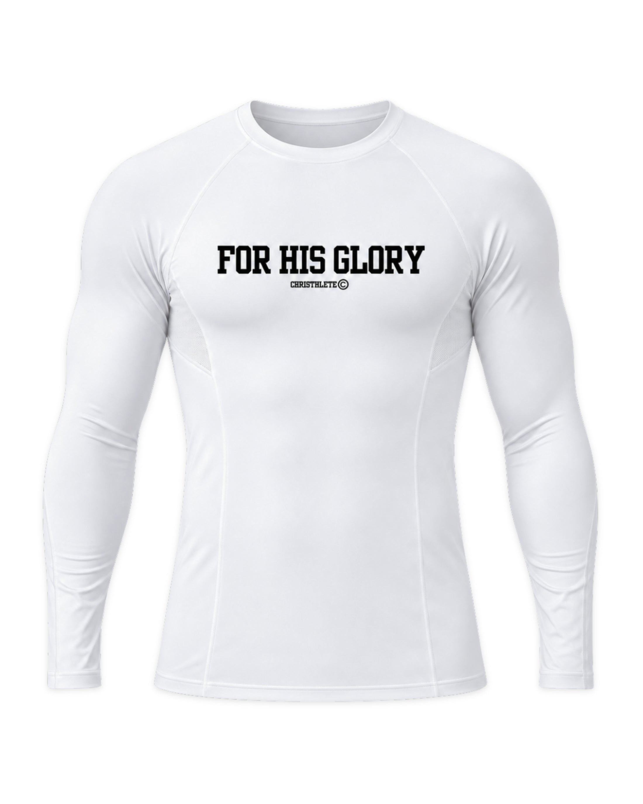 Image of A white long-sleeve athletic compression shirt with 'FOR HIS GLORY' printed in black across the chest and small branded 'CHRISTHLETE' underneath, displayed on a clean white background.