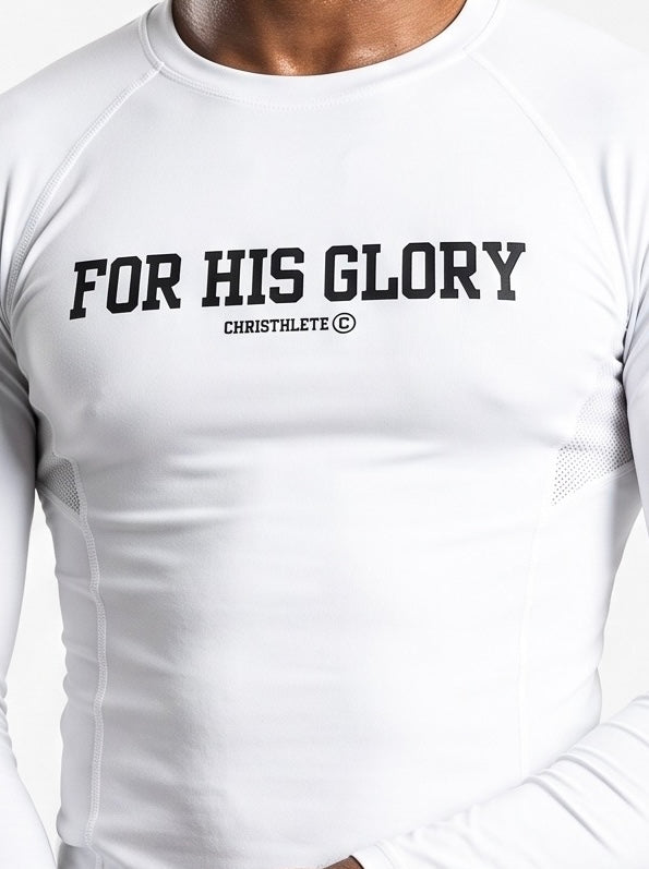 Image of A close-up of a white long-sleeve athletic compression shirt worn by a model. The shirt features the text 'FOR HIS GLORY' in black varsity-style block letters across the chest, with 'CHRISTHLETE' and a registered trademark symbol printed underneath.