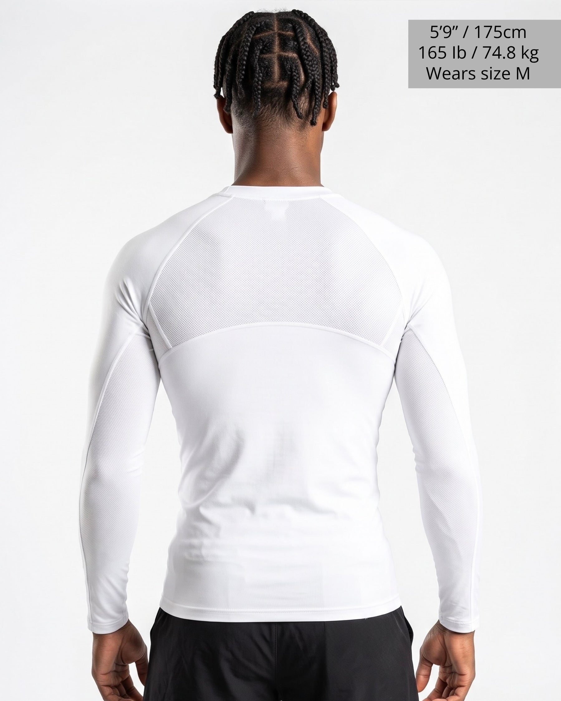 Image of A man viewed from the back wearing a fitted white long-sleeve athletic compression shirt. The image includes a size overlay in the top right corner reading 5'9