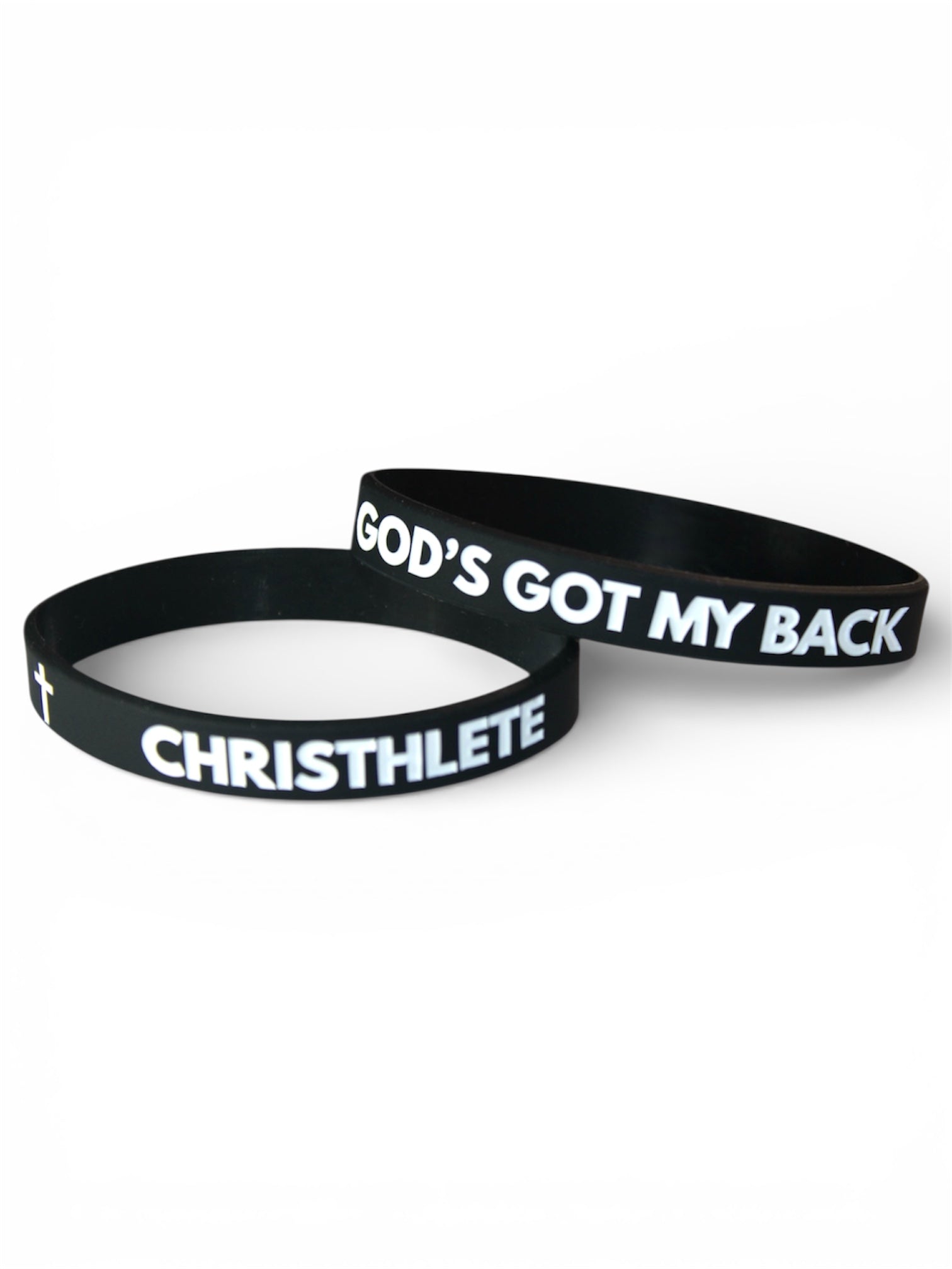 Image of Two black wristbands with 'GOD'S GOT MY BACK' text on a white background