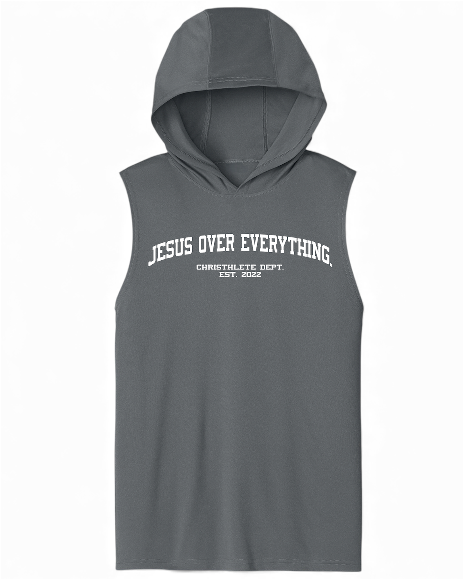 Image of Gray sleeveless hoodie with 'Jesus Over Everything' text on a white background