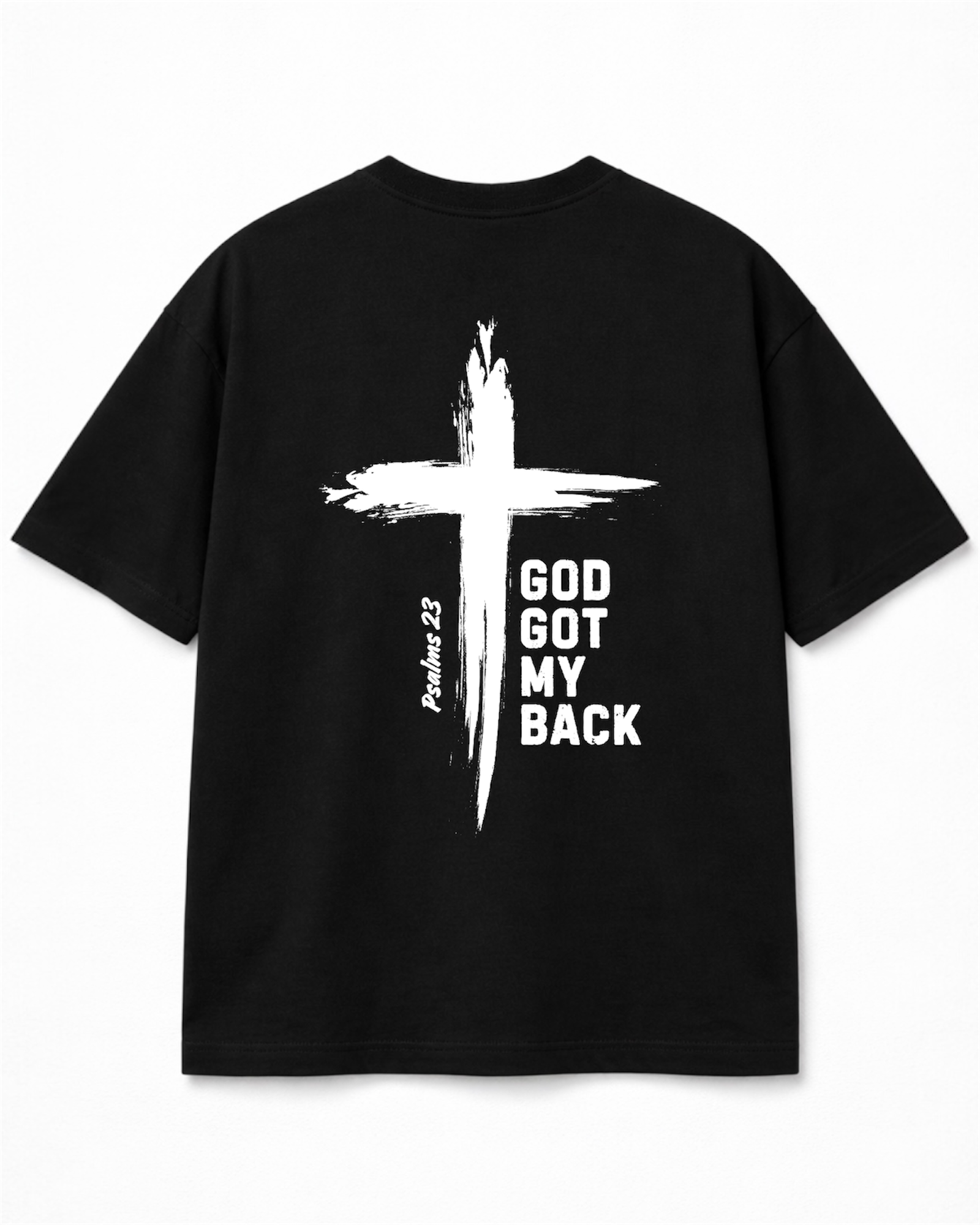 Image of Black t-shirt with a white cross and 'GOD GOT MY BACK' text on a white background