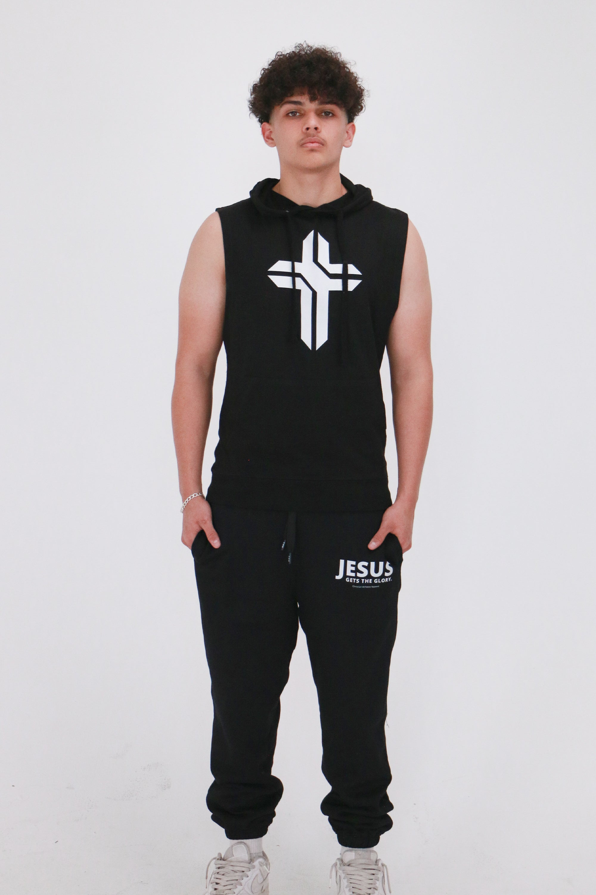 Image of Men's Cross Logo Sleeveless Hoodie Black