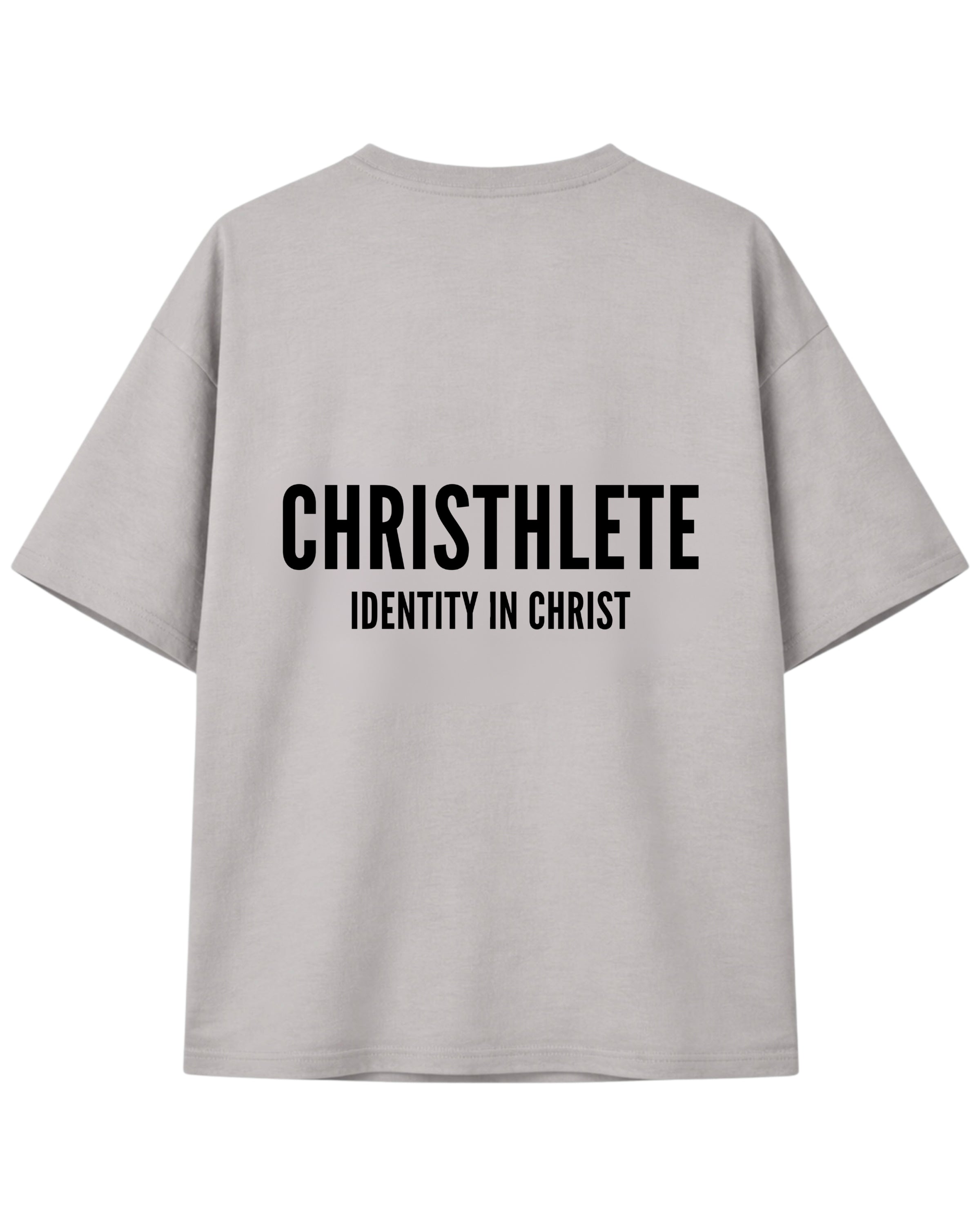 Image of Gray t-shirt with 'CHRISTHLETE IDENTITY IN CHRIST' text on the back against a white background
