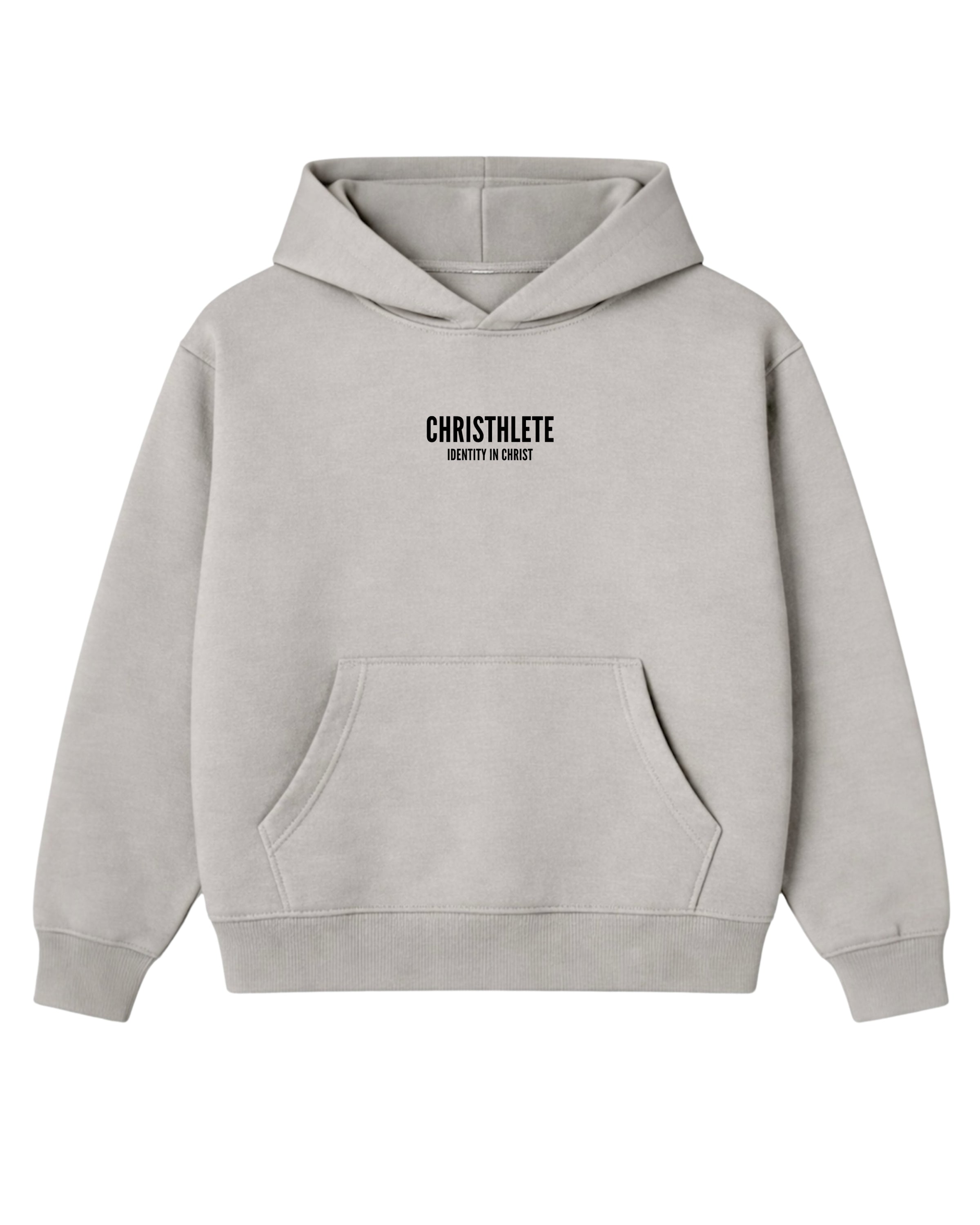 Image of Gray hoodie with 'CHRISTHLETE Identity in Christ' text on a white background