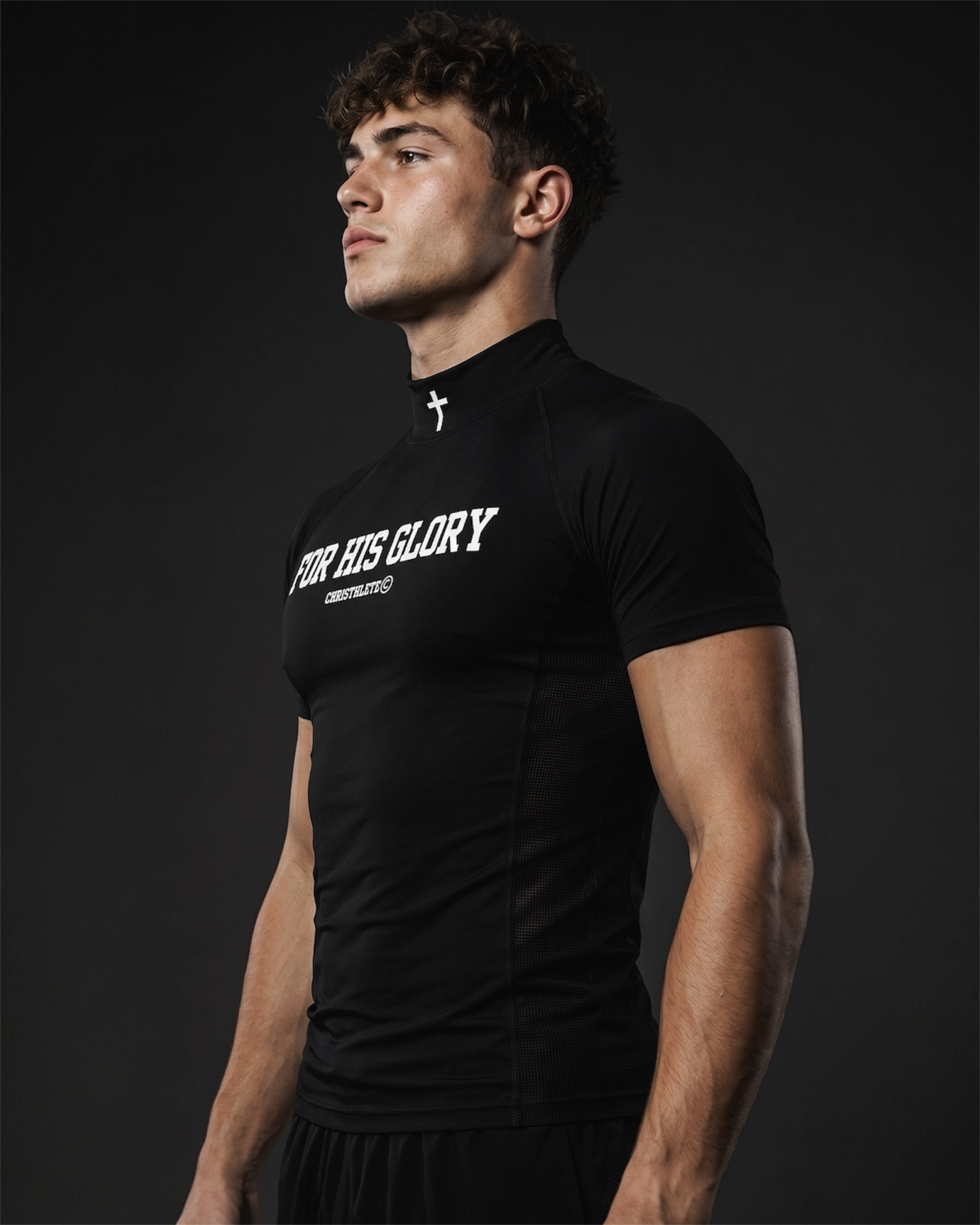 Image of Man wearing a black athletic outfit with 'For His Glory' text on a dark background