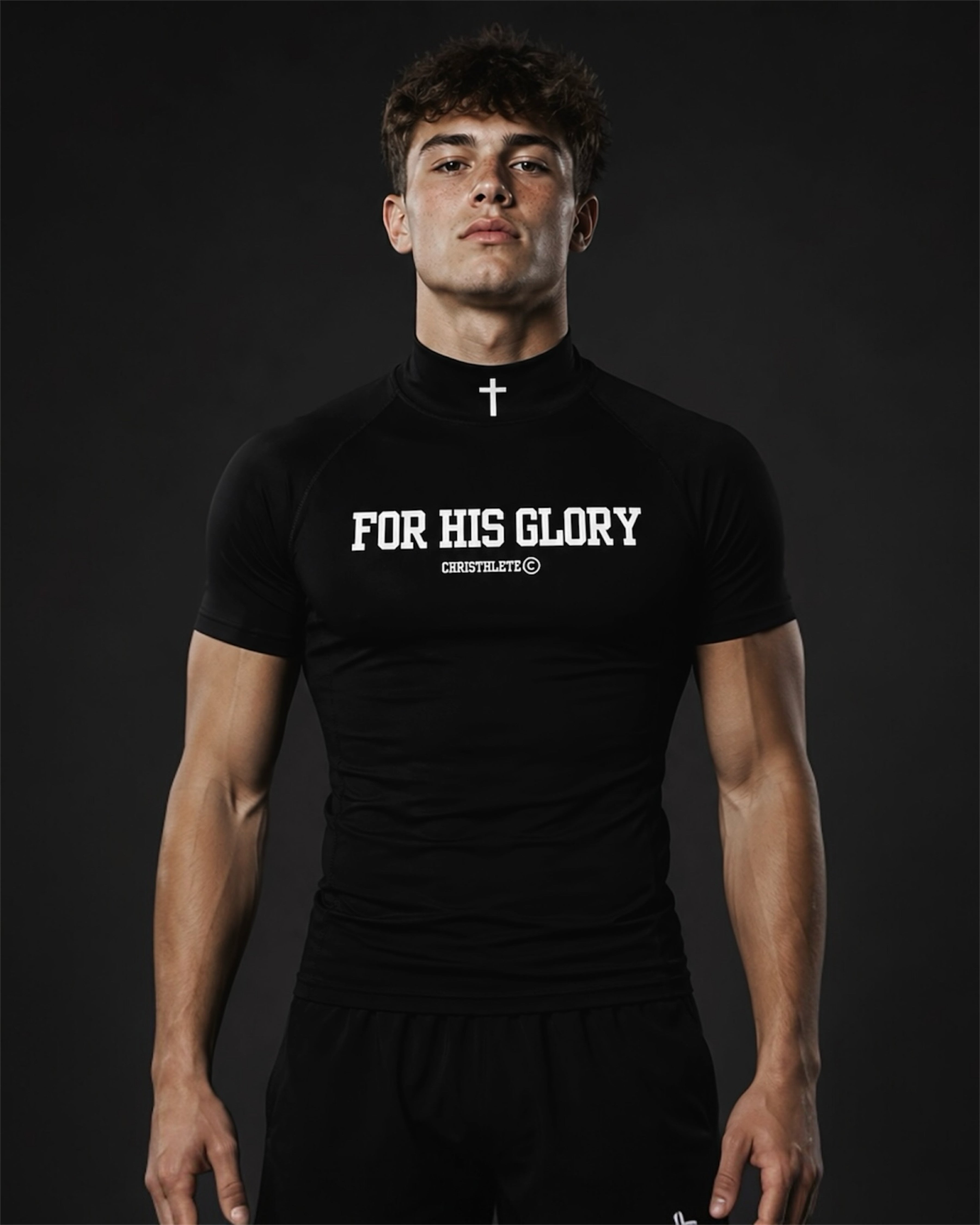 Image of Man wearing a black turtleneck with 'For His Glory' text on a dark background