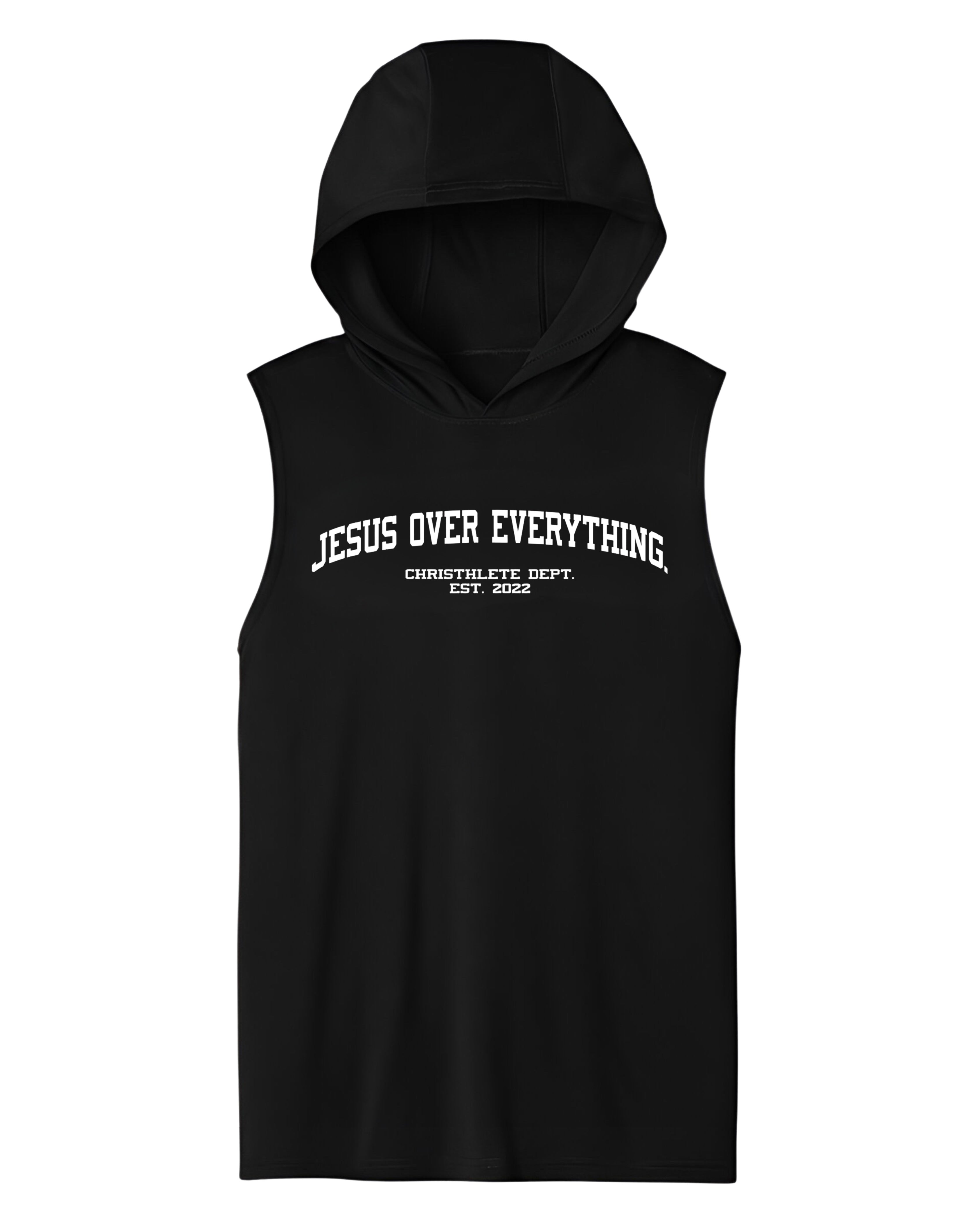 Image of Black sleeveless hoodie with 'Jesus Over Everything' text on a white background