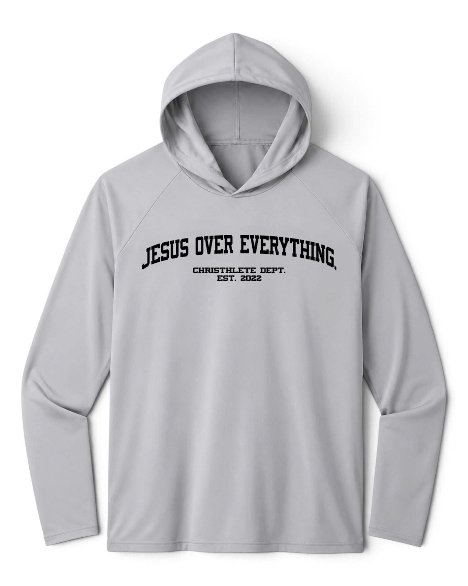Image of A silver lightweight athletic hoodie with “JESUS OVER EVERYTHING “ and “CHRISTHLETE EST. 2022” text printed across the chest. 