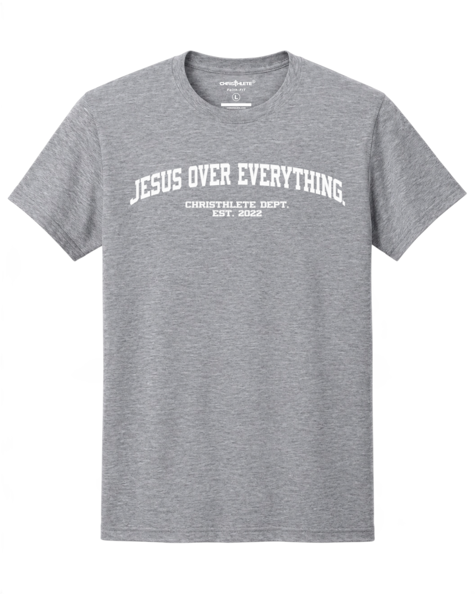 Image of A heather gray crewneck t-shirt with white printed text on the chest reading 'JESUS OVER EVERYTHING. CHRISTSLTTE DEPT.