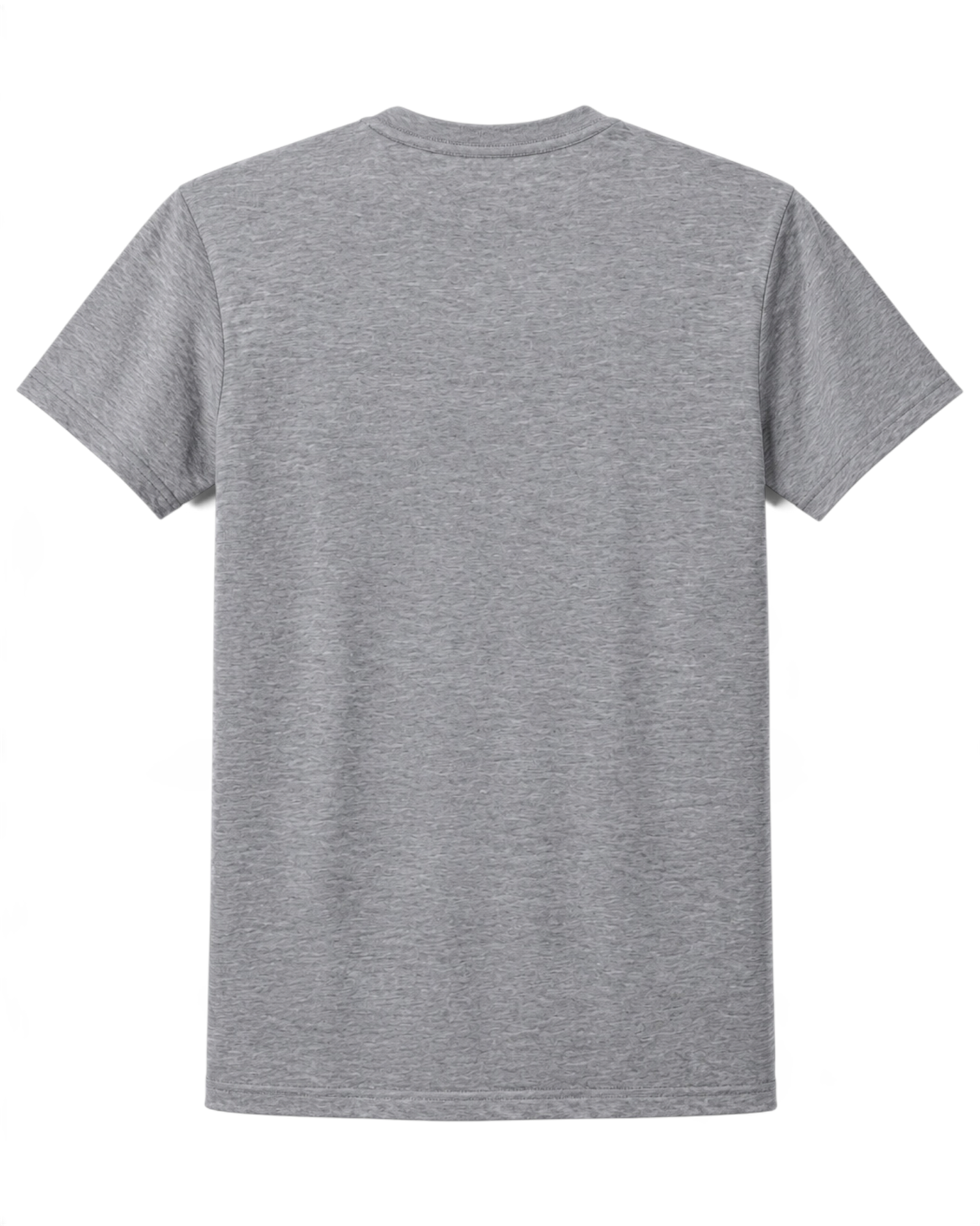 Image of A classic short-sleeve crewneck t-shirt in heather gray, shown from the back on a solid white background.