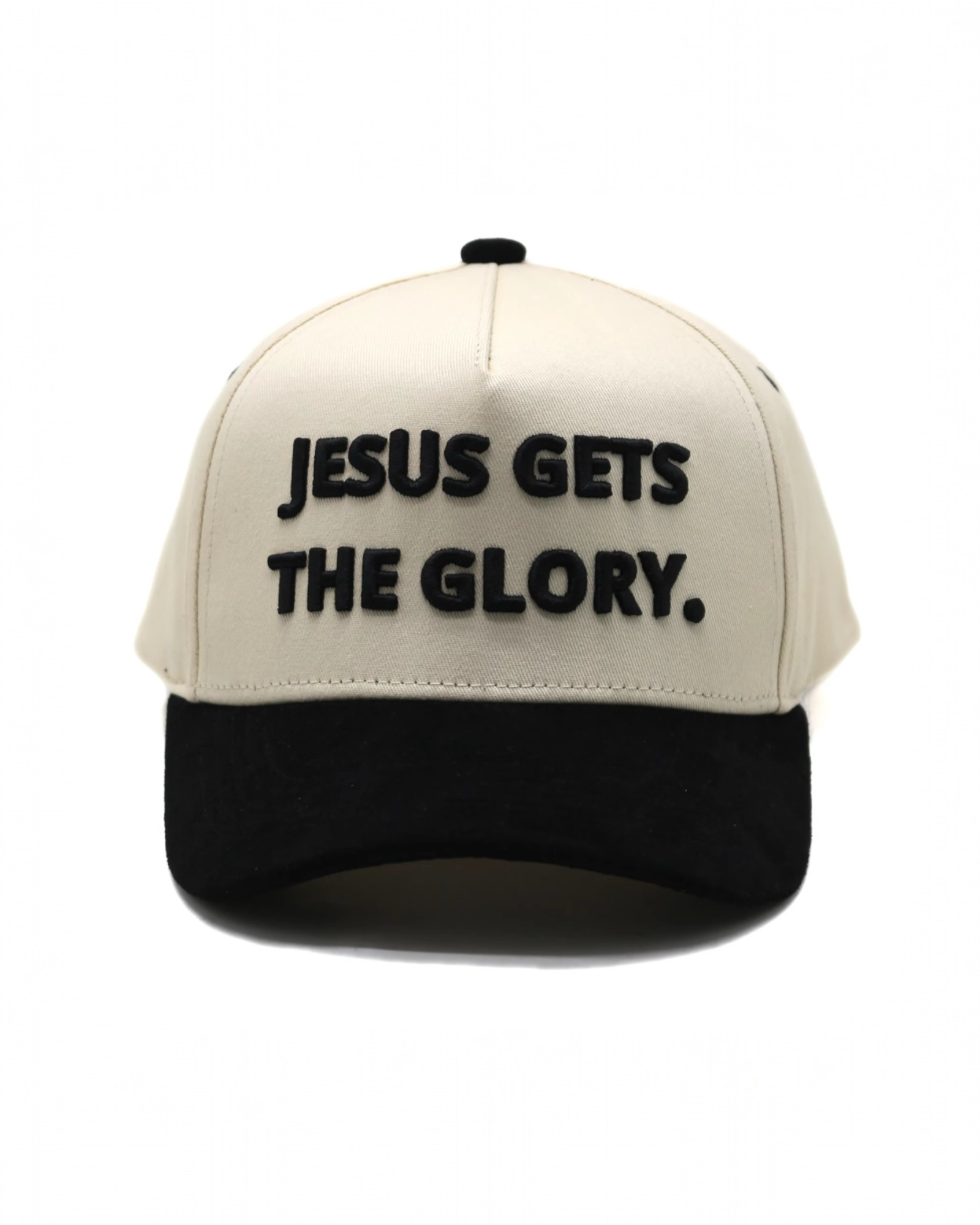Image of Beige and black cap with 'Jesus Gets The Glory' text on a white background