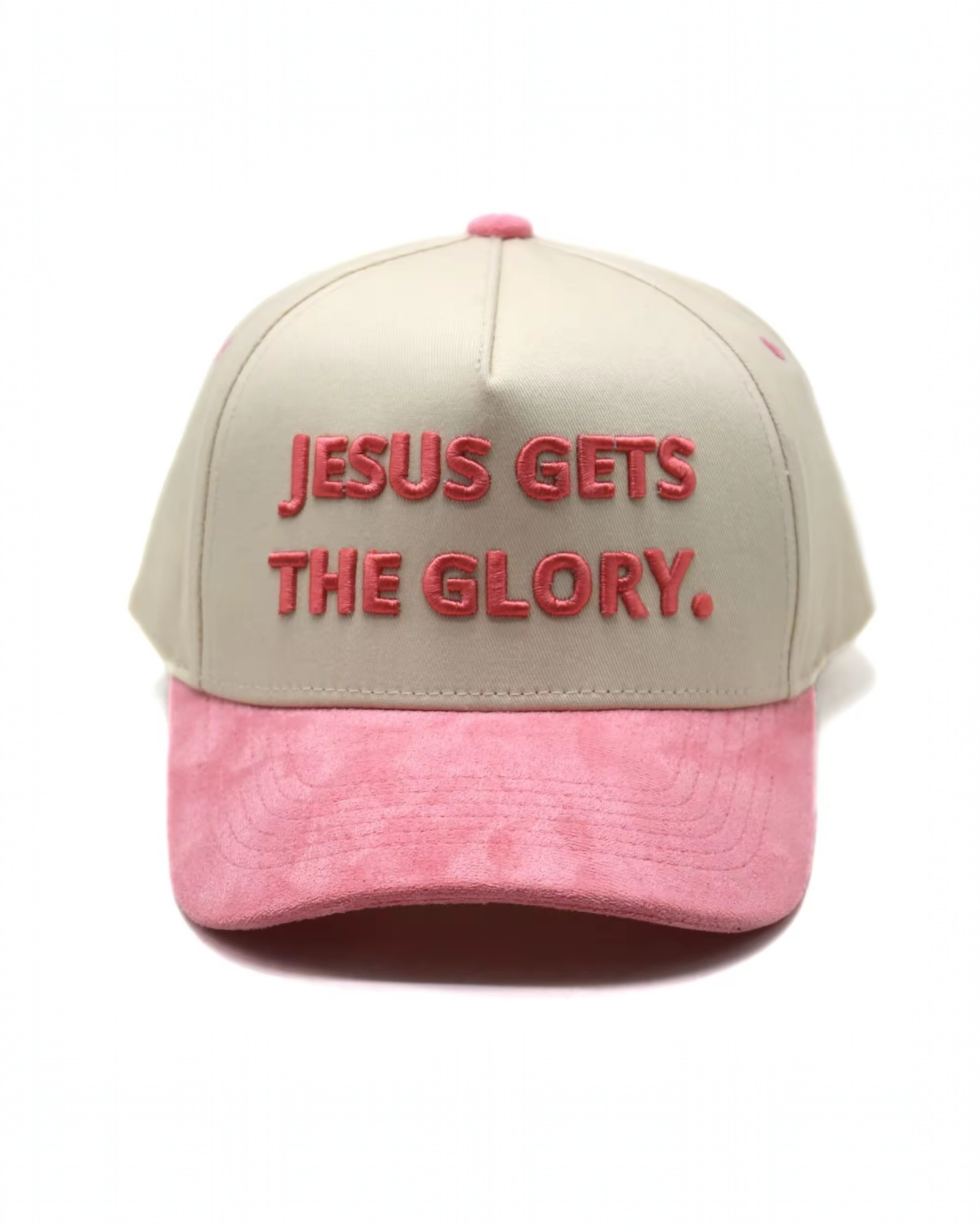Image of Beige and pink cap with 'Jesus Gets The Glory' text on a white background