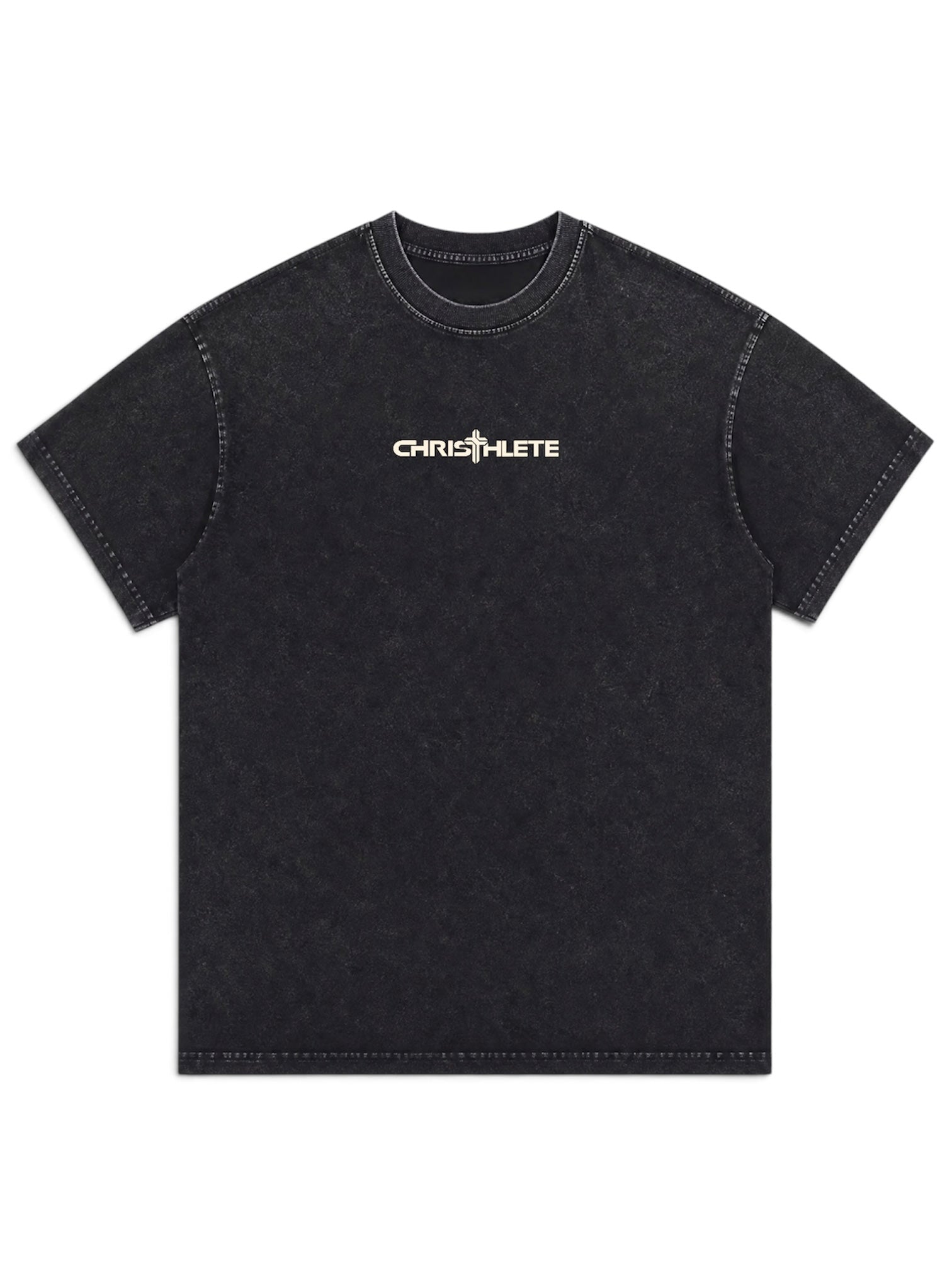 Image of A black washed short-sleeve t-shirt with a light beige 'CHRISTHLETE' logo printed on the chest, displayed flat against a white background.