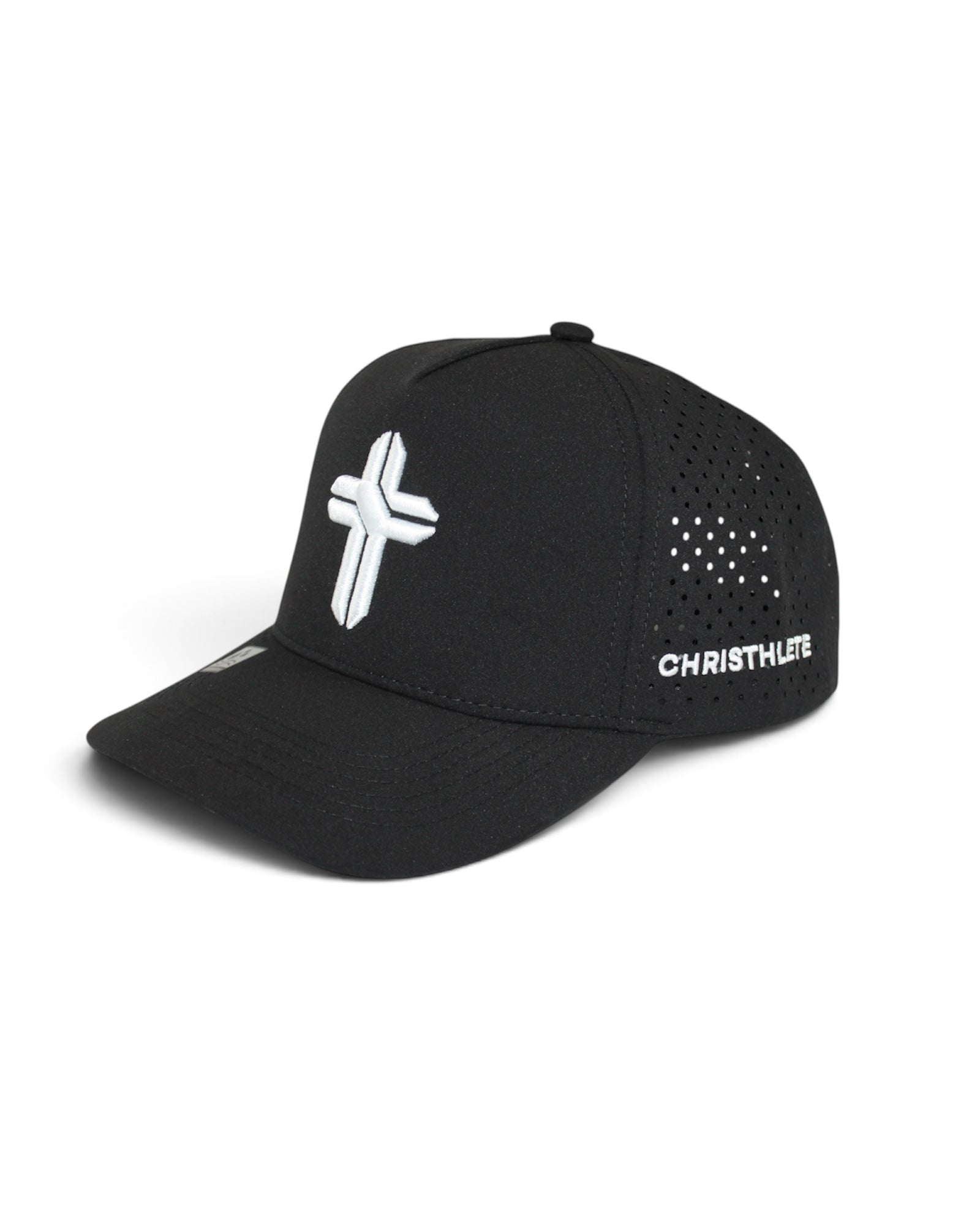 Image of Black cap with white christian cross and CHRISTHLETE logo on a white background