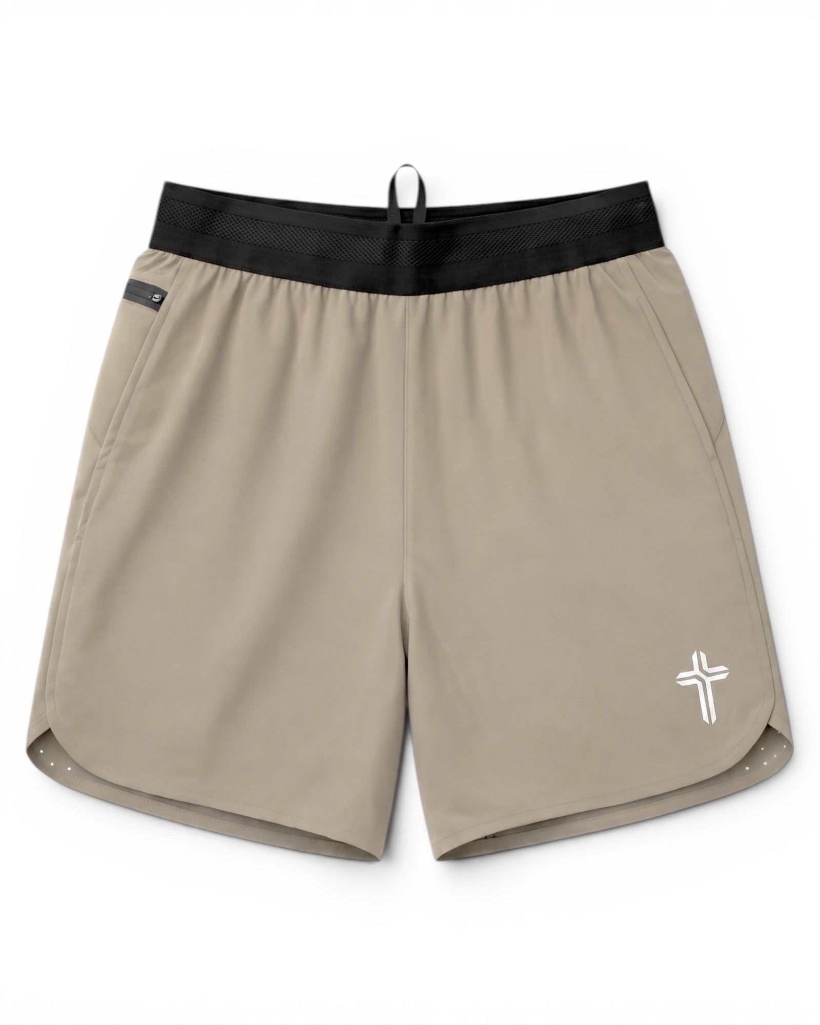 Image of Beige shorts with black waistband on a white background