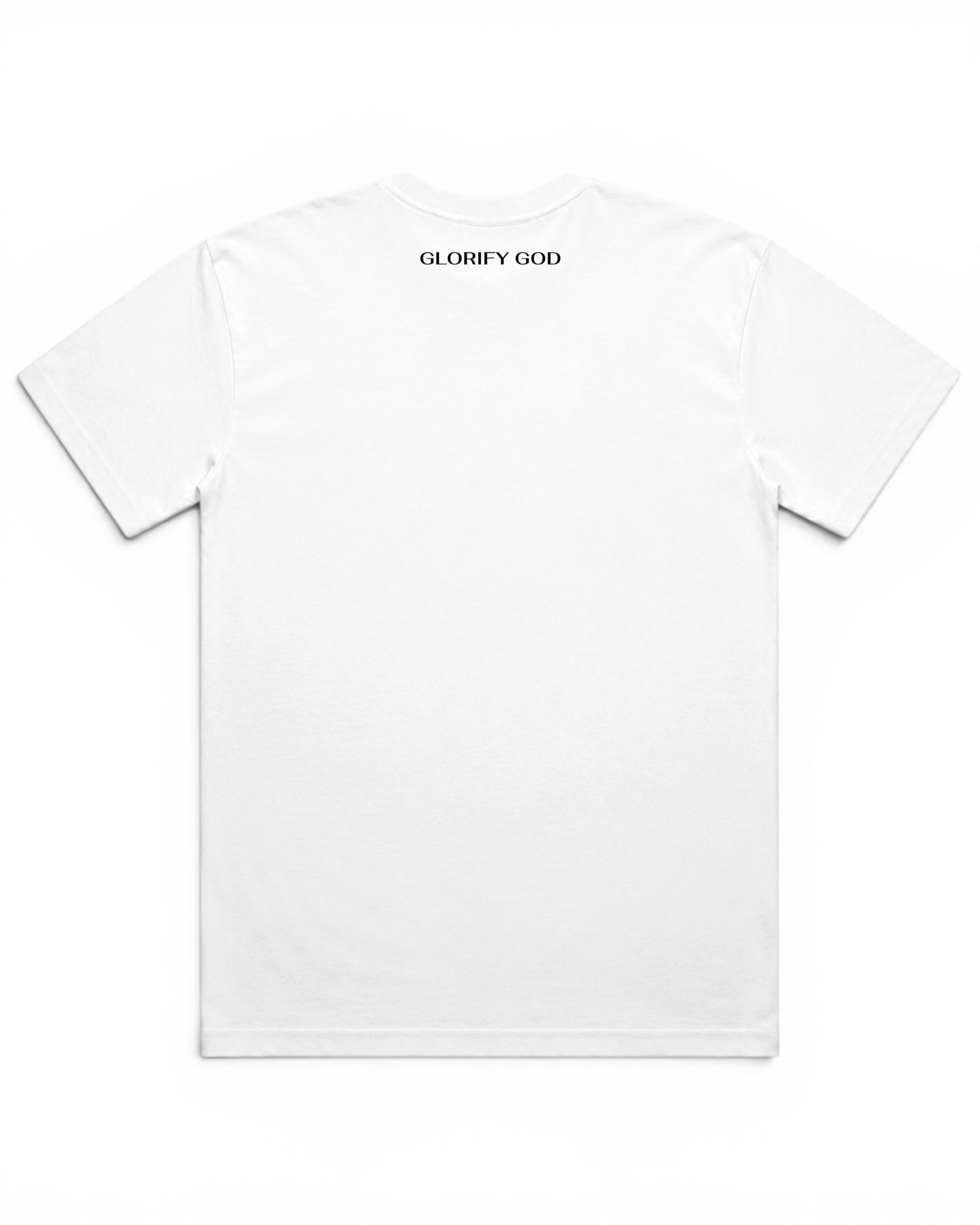 Image of White t-shirt with 'GLORIFY GOD' text on a white background