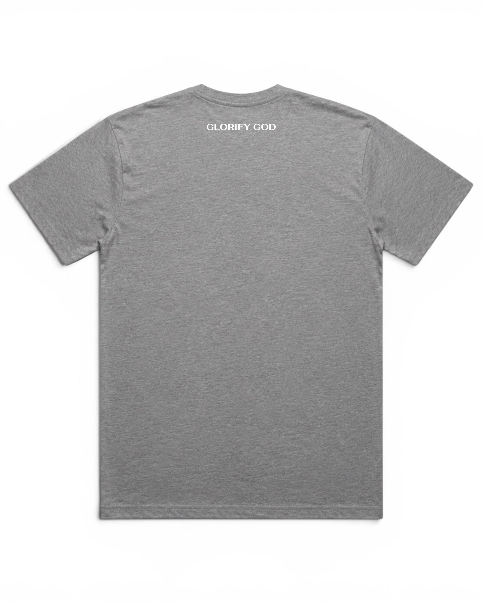 Image of Gray t-shirt with 'GLORIFY GOD' text on the back against a white background