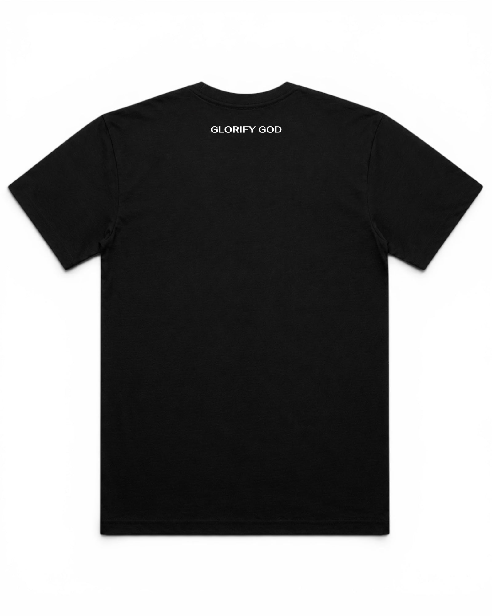 Image of Black t-shirt with 'Glorify God' text on the back against a white background