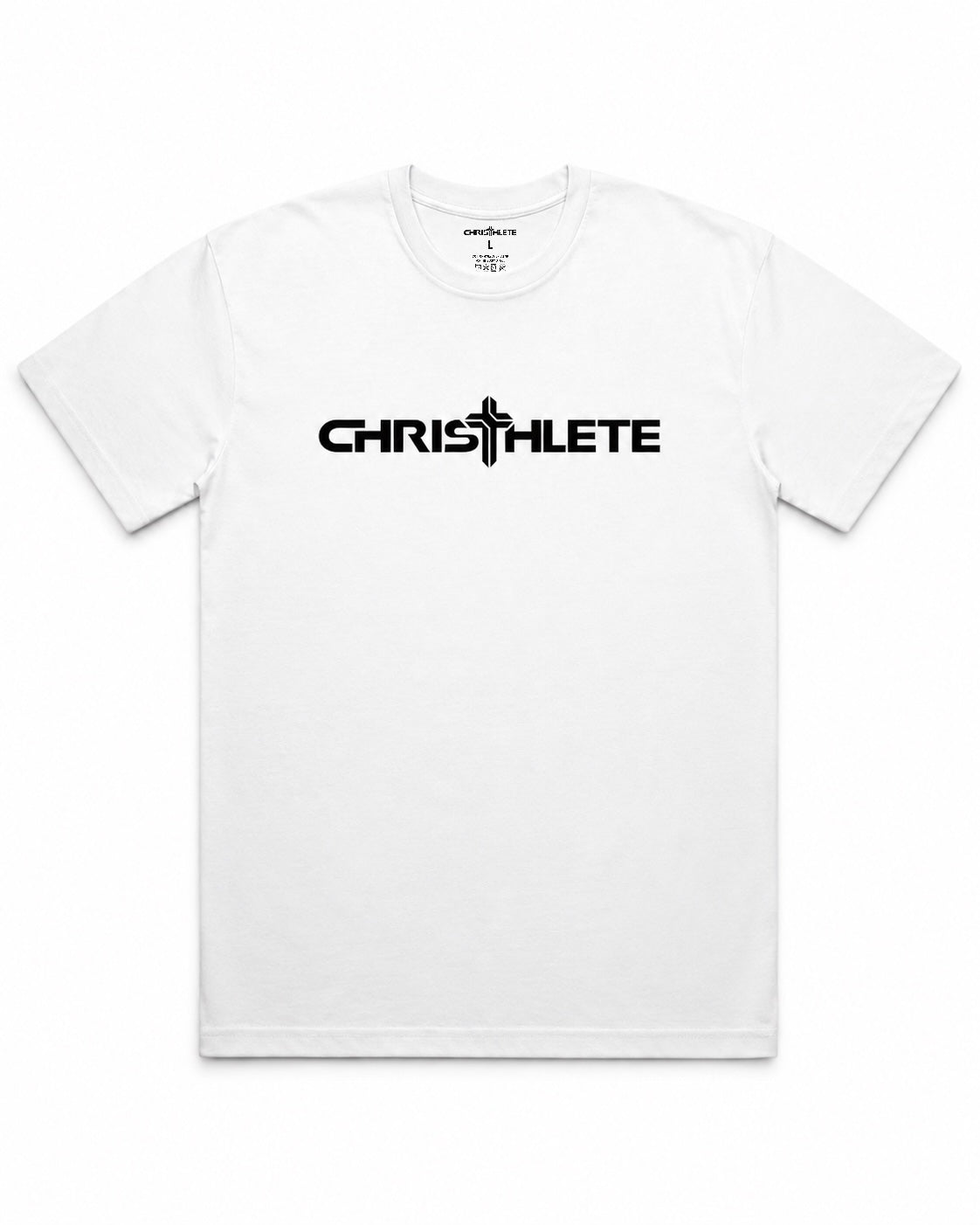 Image of White t-shirt with 'CHRISTHLETE' logo on a white background