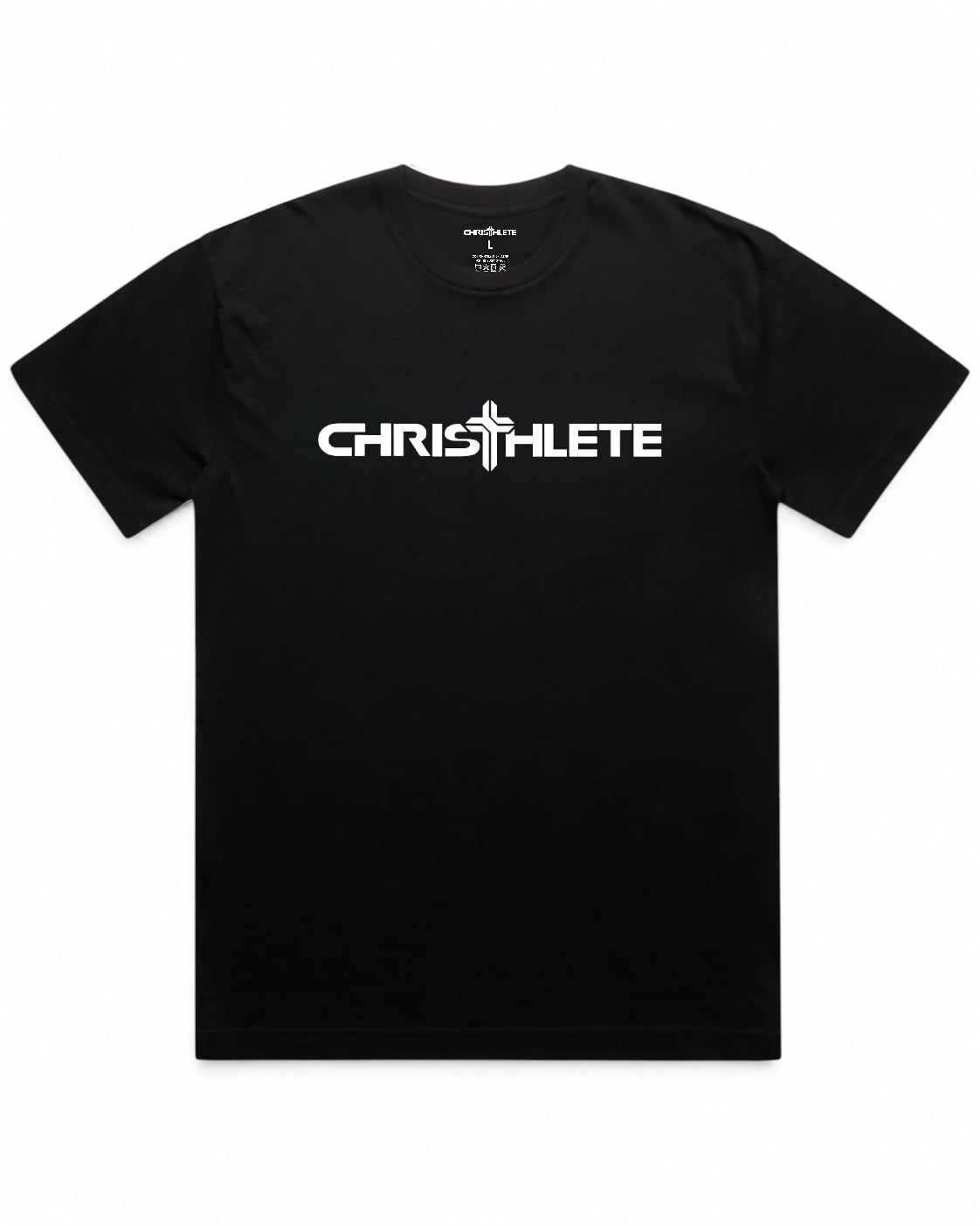 Image of Black t-shirt with 'CHRISTHLETE' logo on a white background