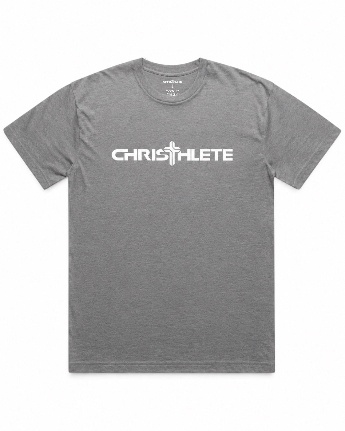 Image of Gray t-shirt with 'CHRISTHLETE' logo on a white background