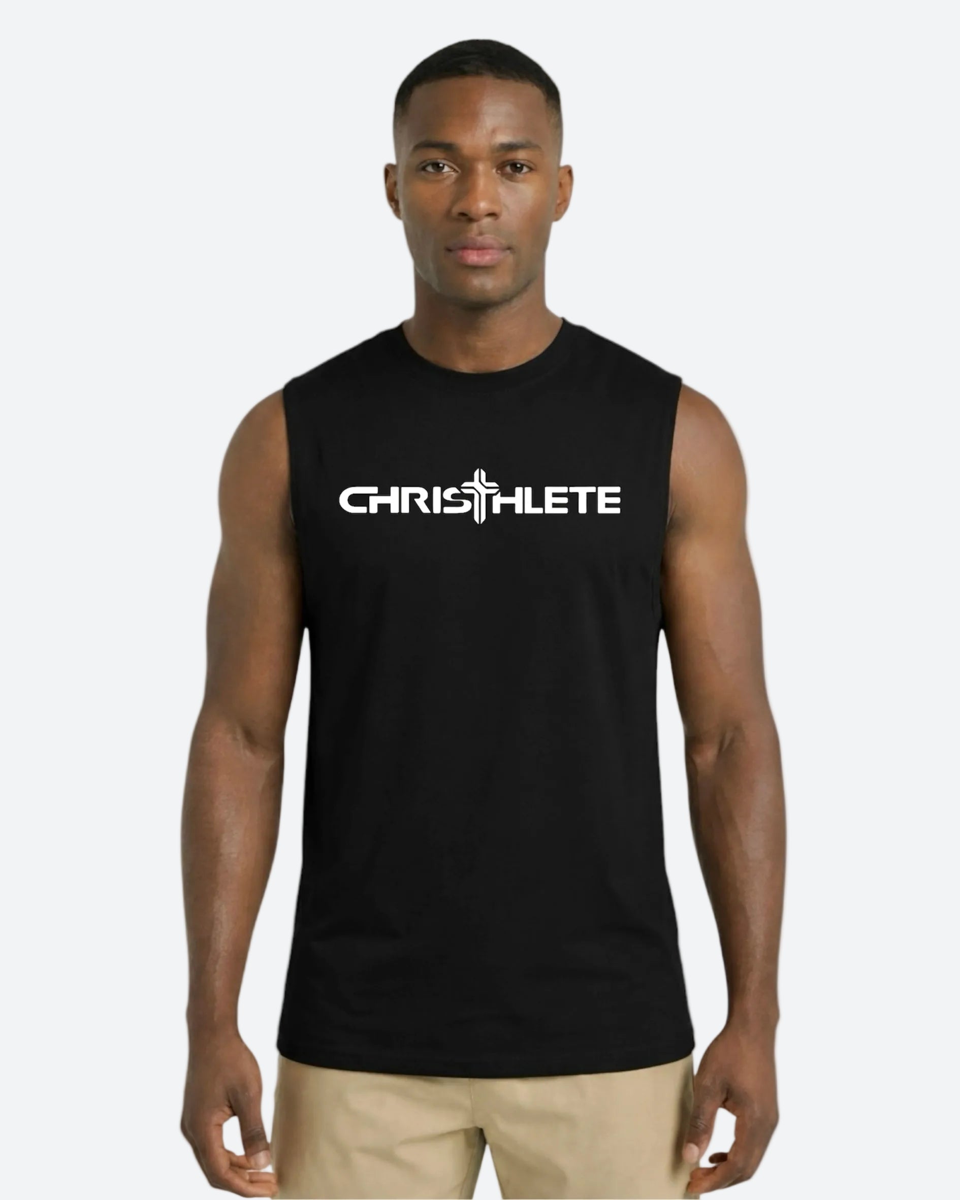 Image of Man wearing a black sleeveless shirt with 'CHRISTHLETE' logo on a white background