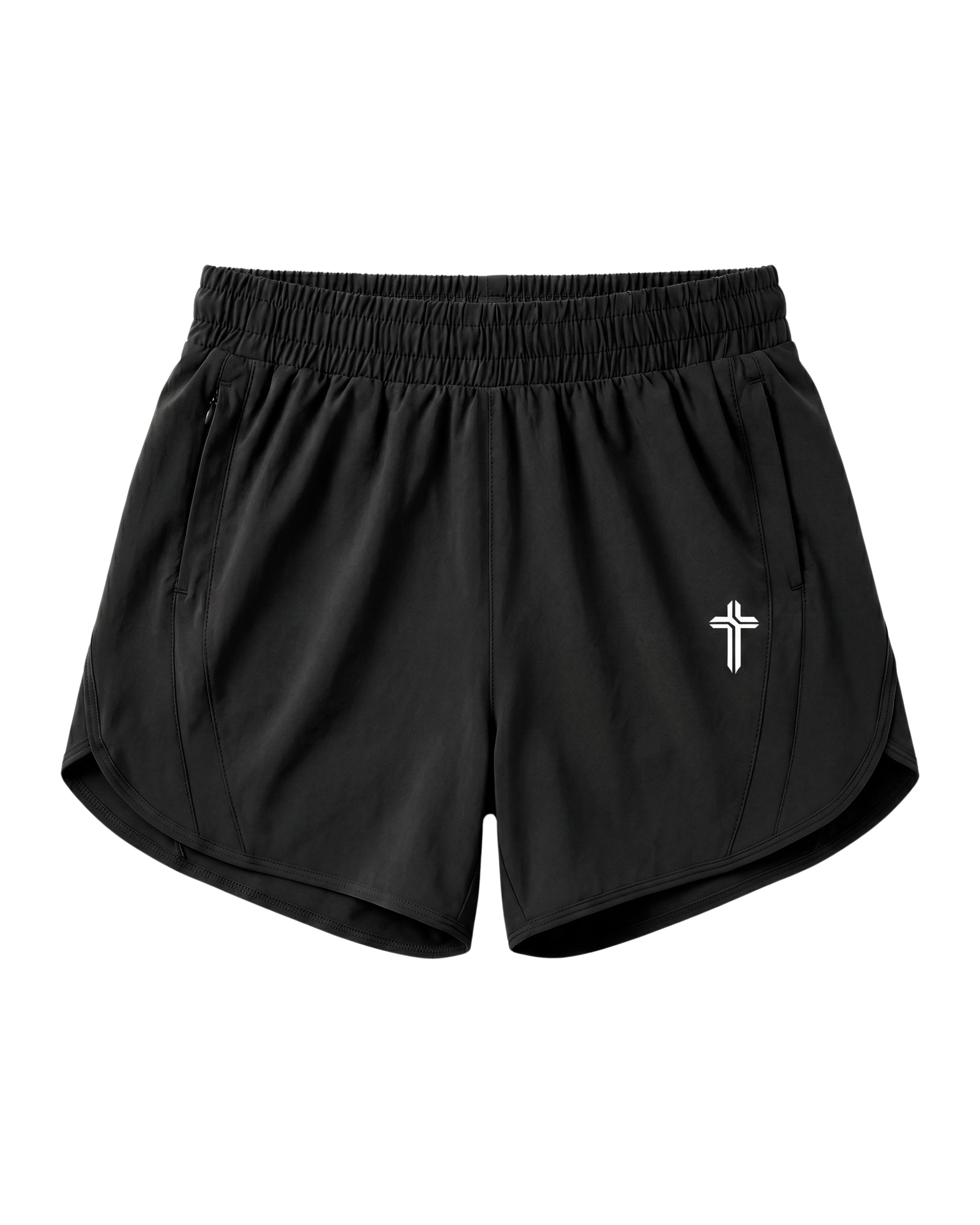 Image of Black shorts with a white cross logo on a white background
