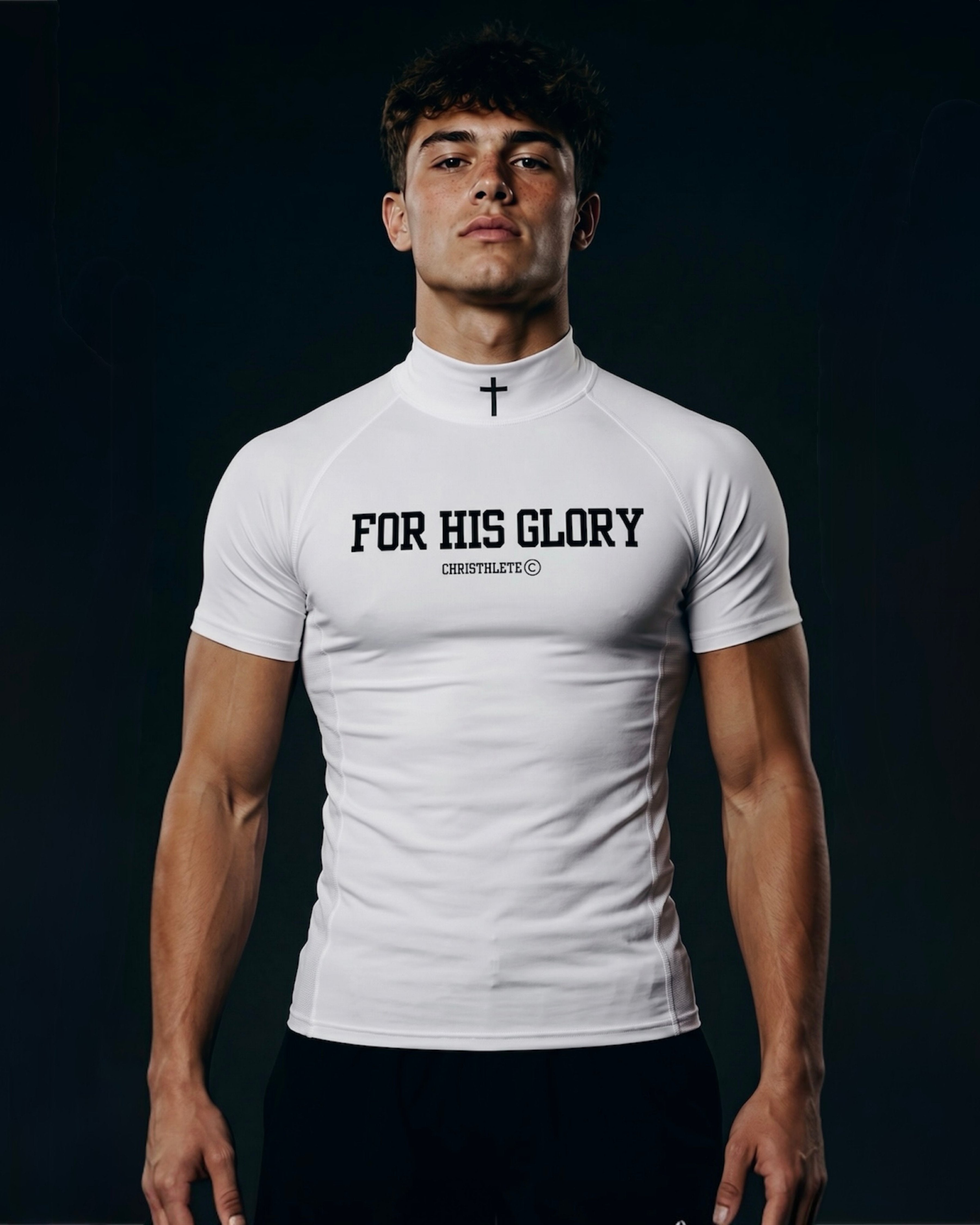 Image of Man wearing a white athletic shirt with 'For His Glory' text on a black background
