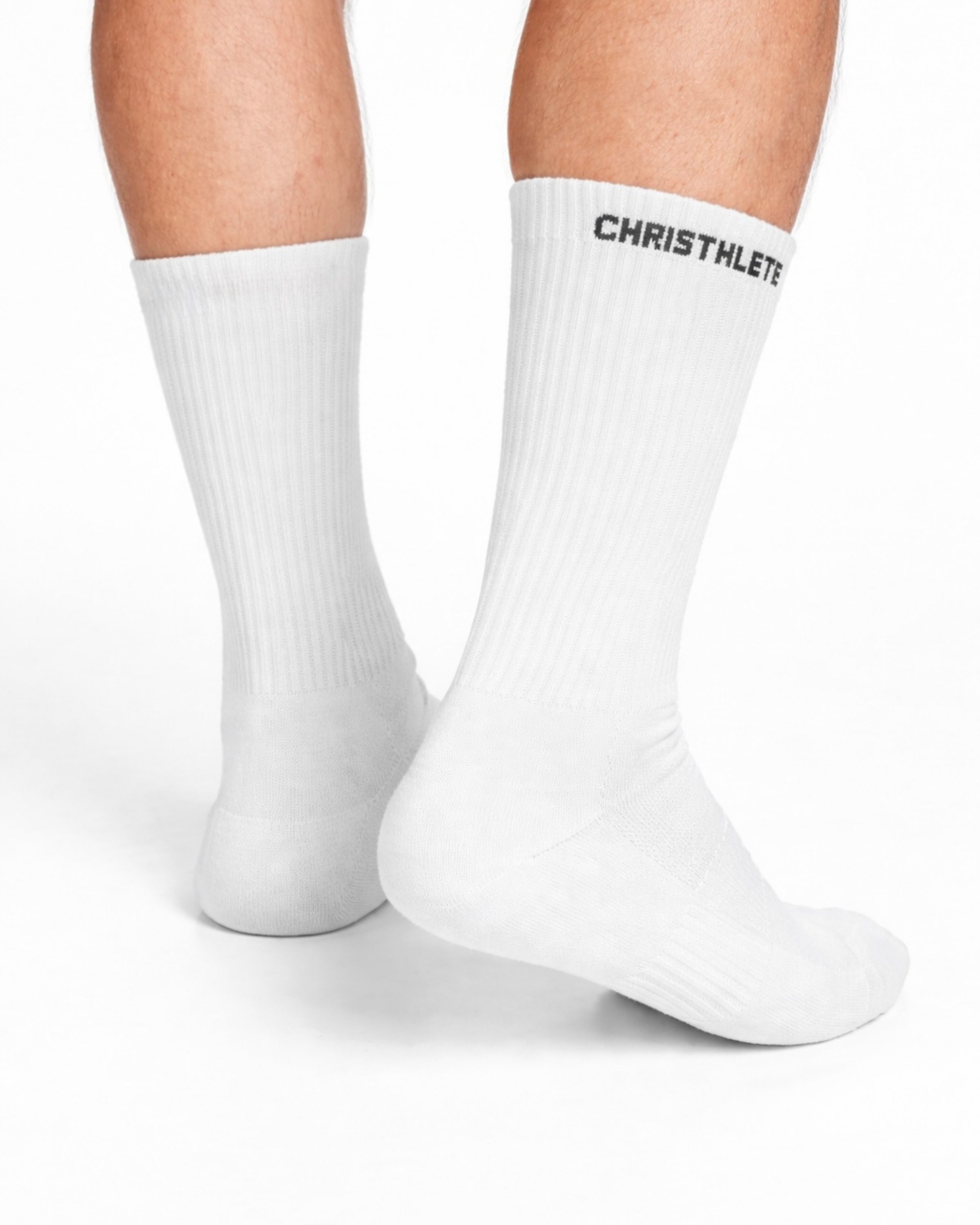 Image of White socks with 'CHRISTHLETE' branding on a white background