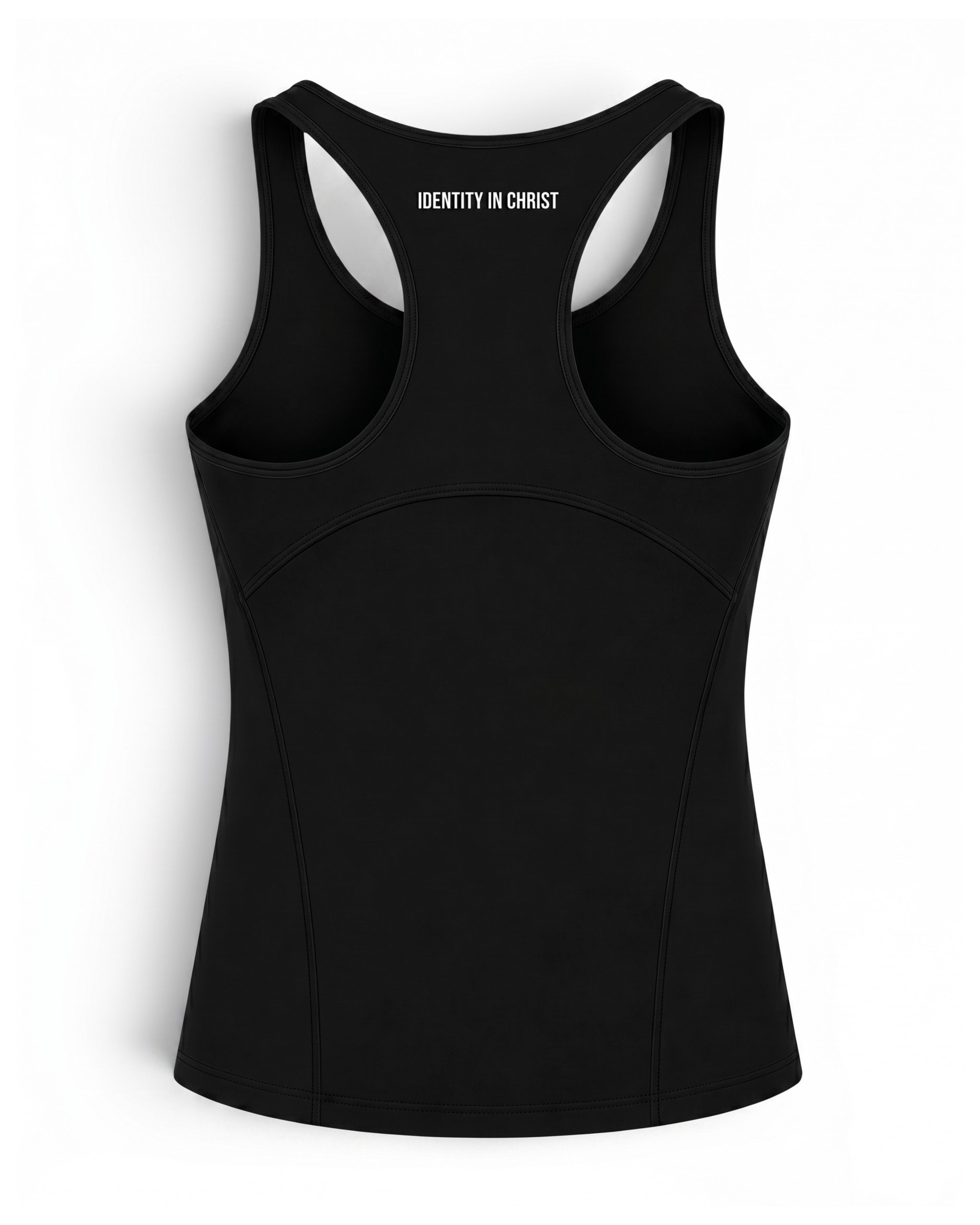 Image of Black tank top with 'Identity in Christ' text on a white background