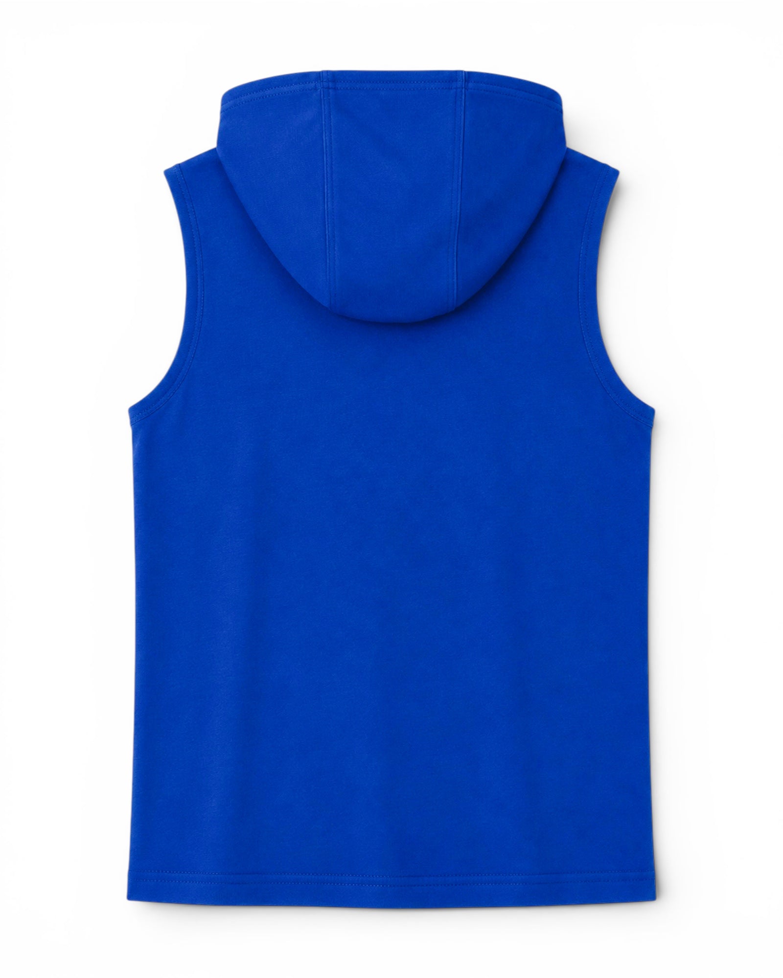 Image of Blue sleeveless hoodie with a hood on a white background
